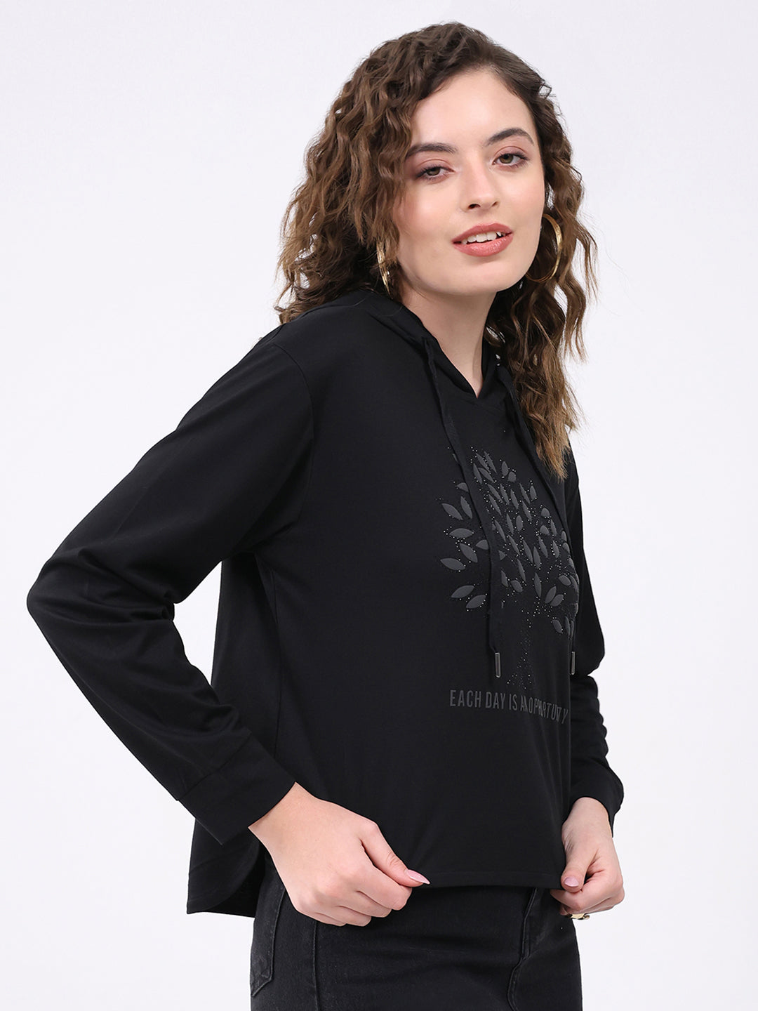 Women Black Printed Hooded Full Sleeve Winter Top