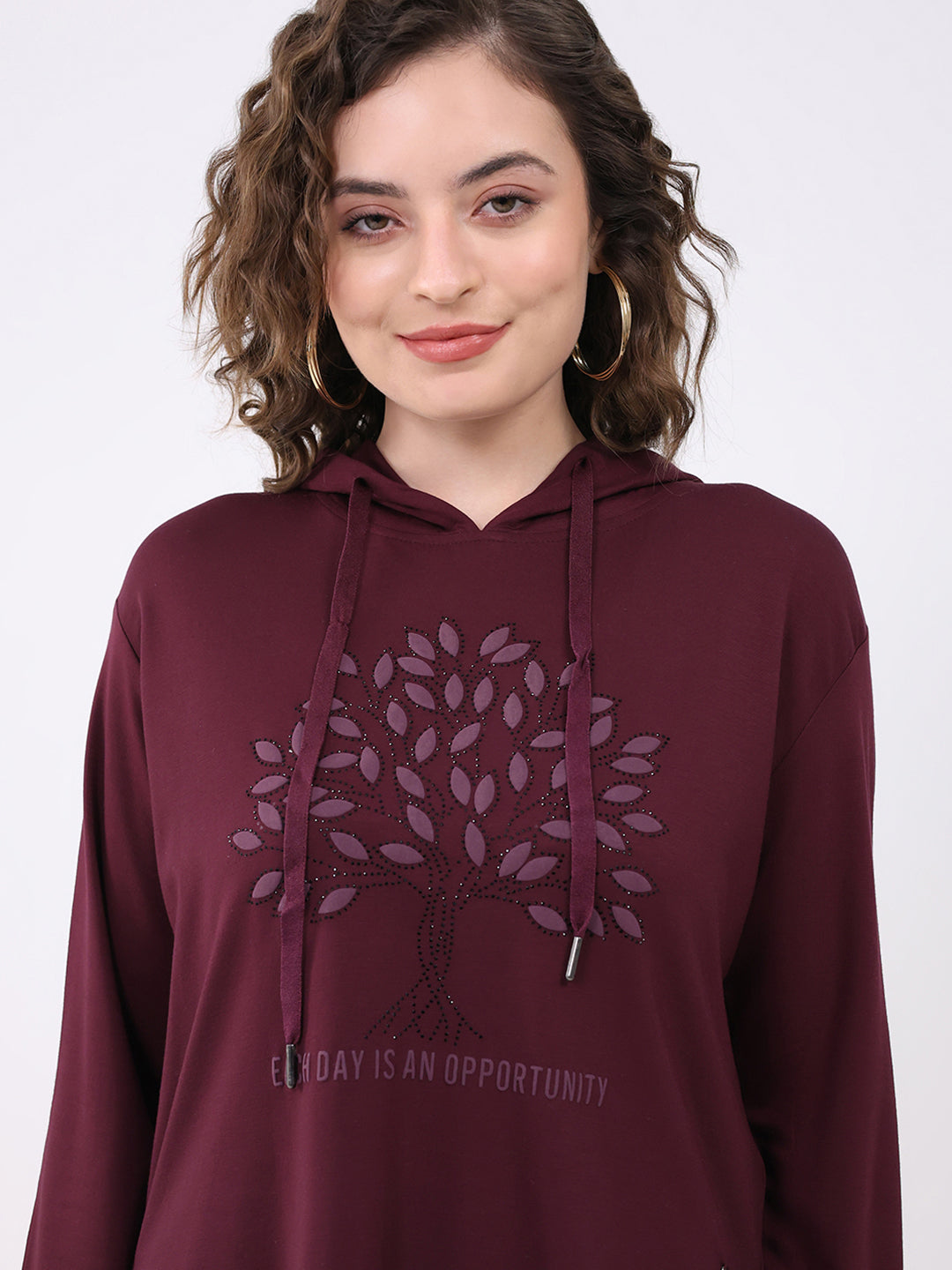 Women Burgundy Printed Hooded Full Sleeve Winter Top