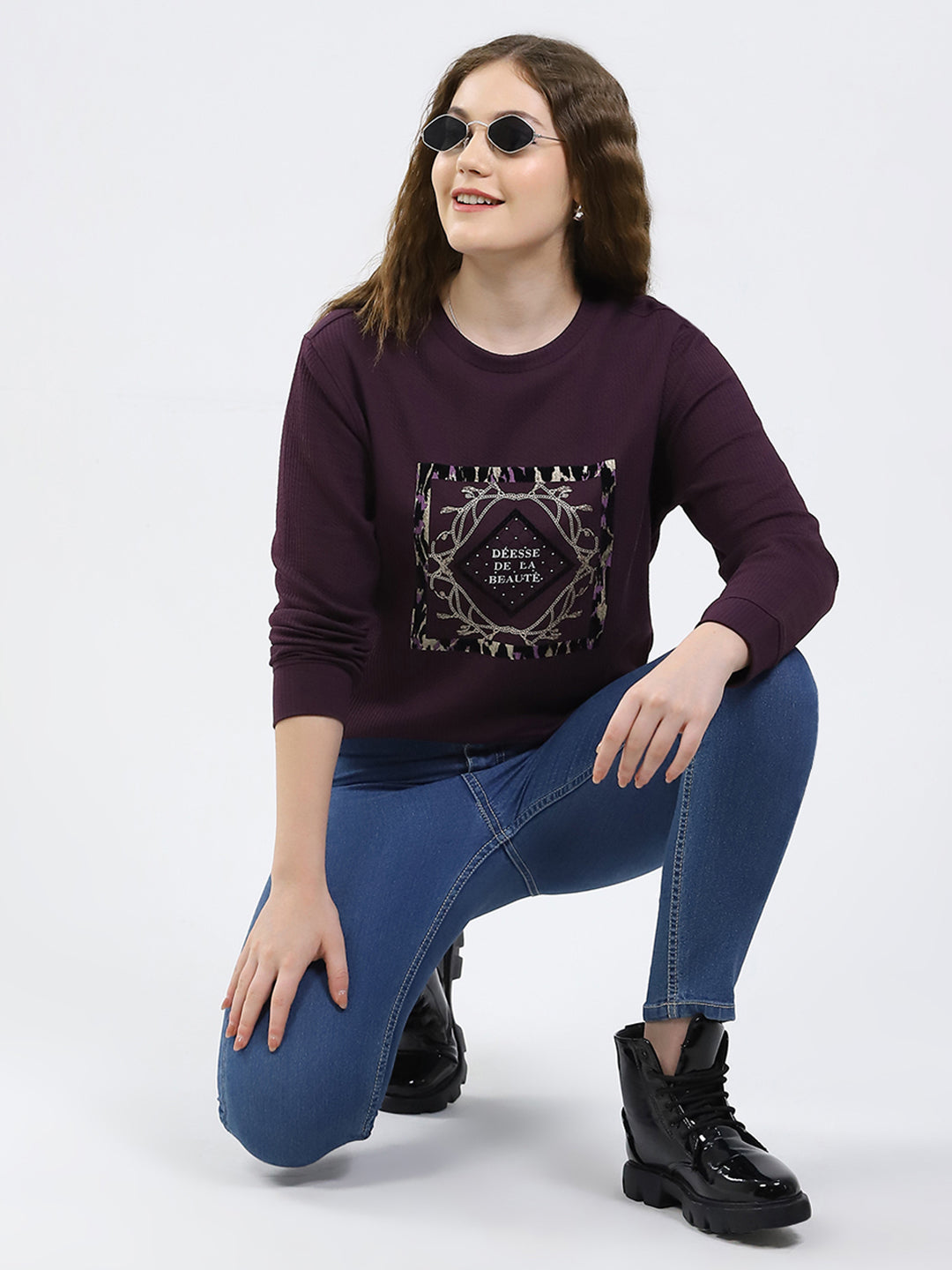 Women Purple Printed Round Neck Full Sleeve Winter Top