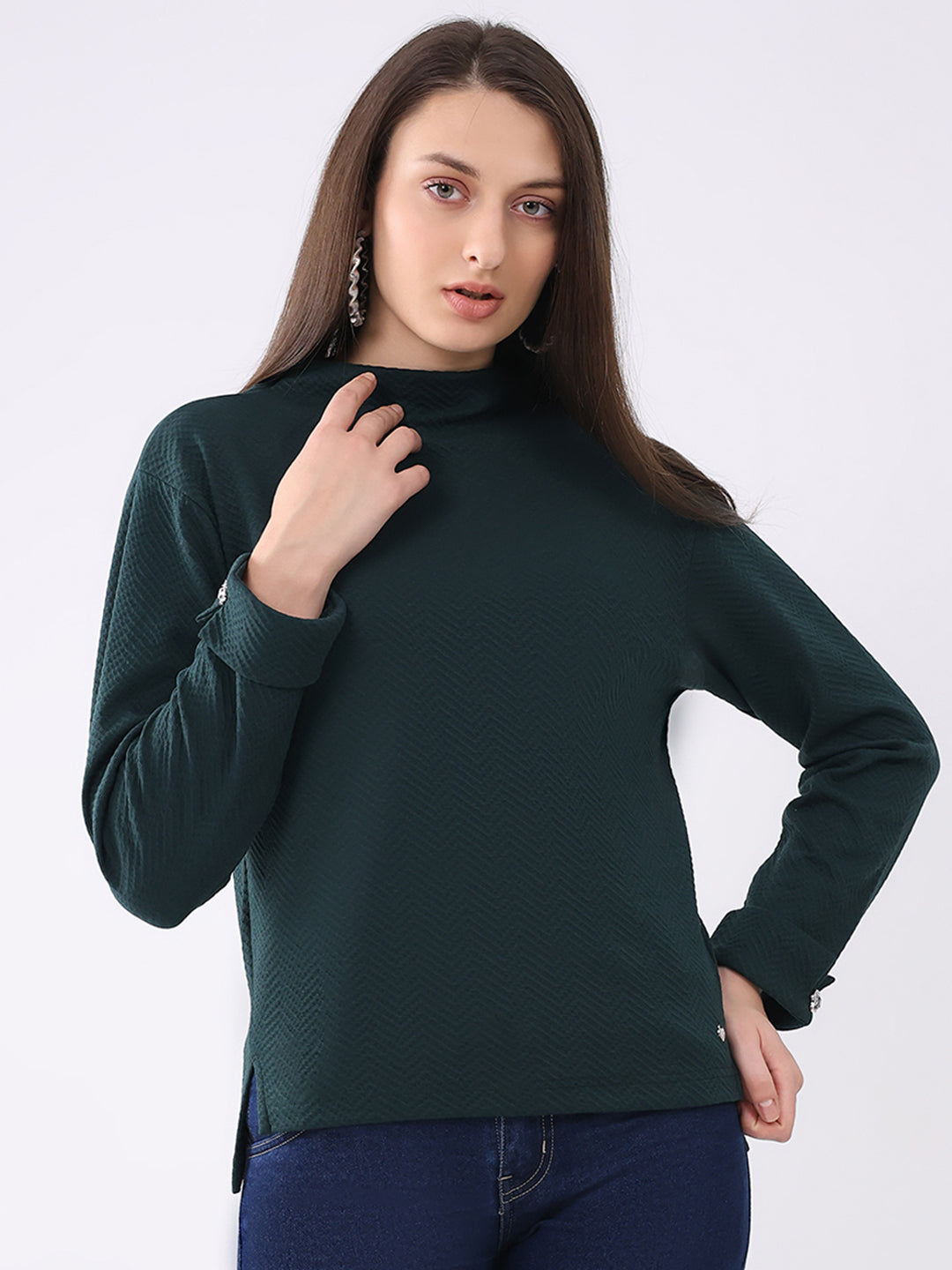 Women Dark Green Self Design Mock Neck Full Sleeve Winter Top