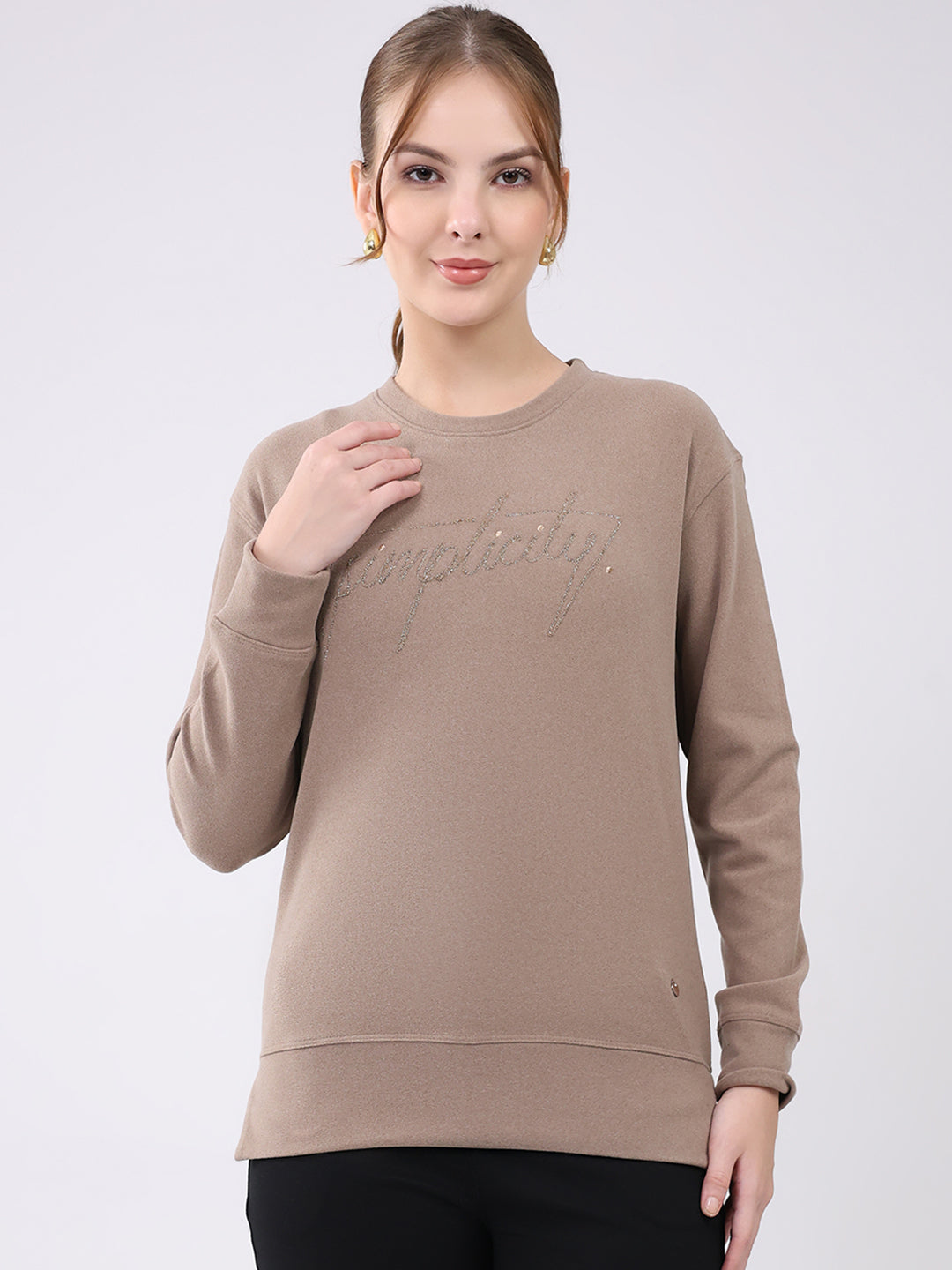 Women Camel Brown Embroidered Round Neck Full Sleeve Winter Top