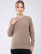 Women Camel Brown Embroidered Round Neck Full Sleeve Winter Top