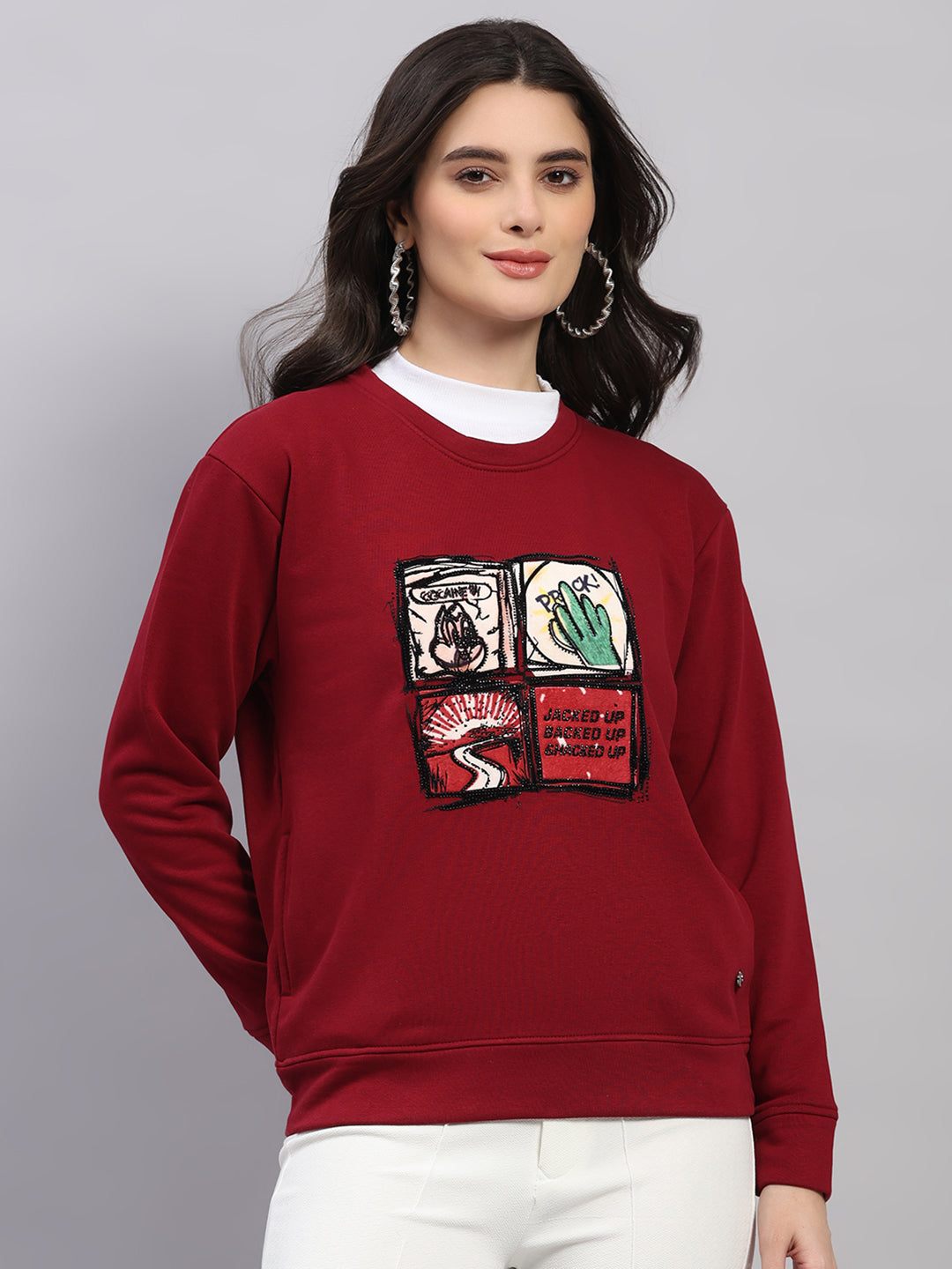 Women Maroon Printed Round Neck Full Sleeve Winter Top