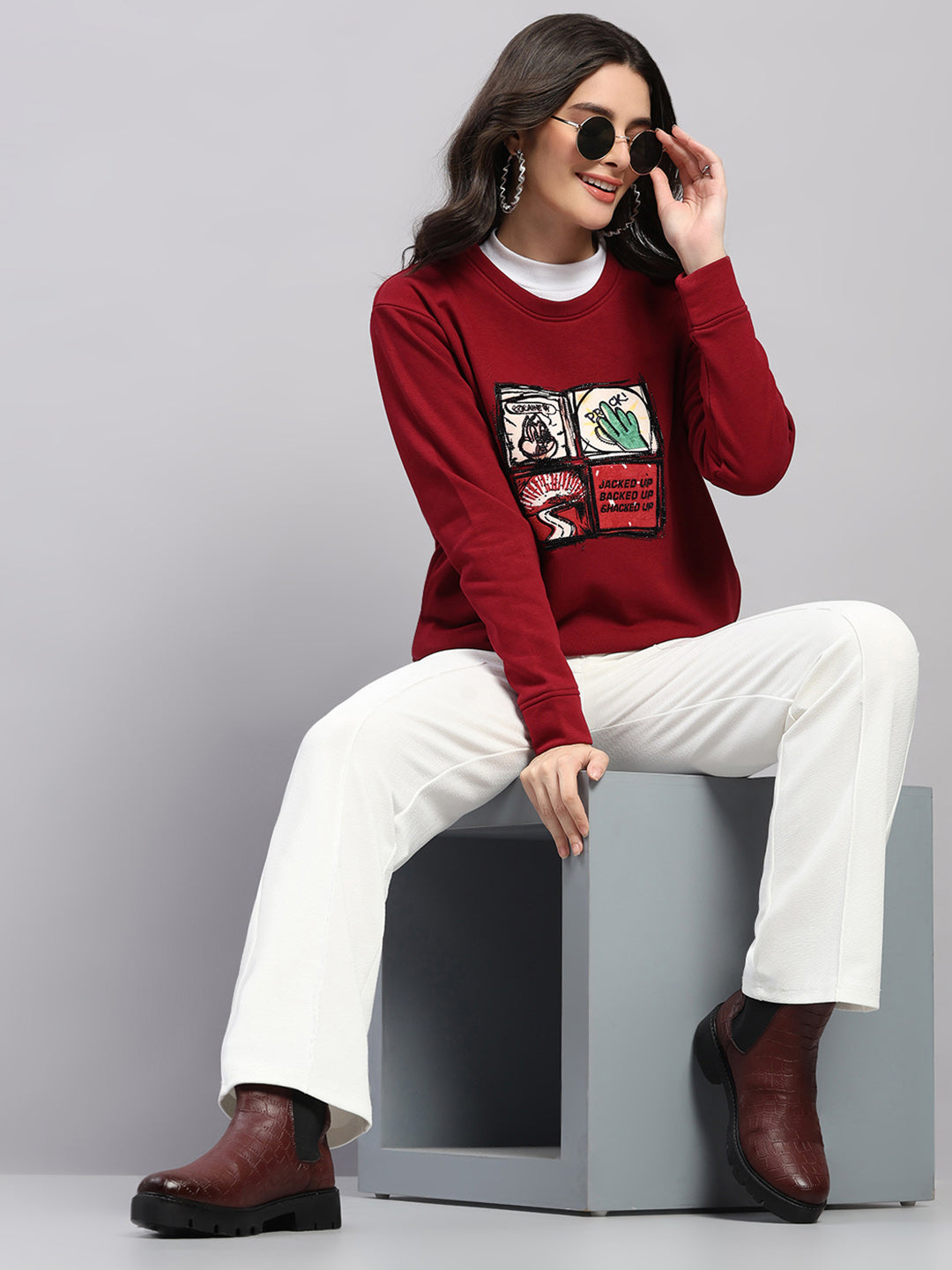 Women Maroon Printed Round Neck Full Sleeve Winter Top