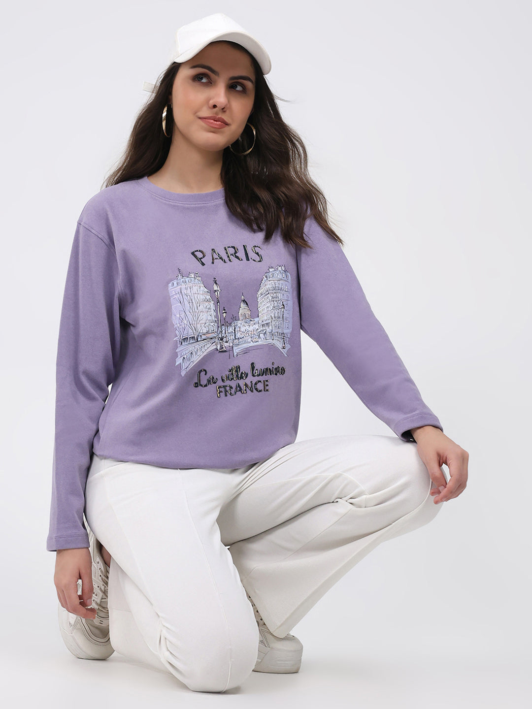 Women Purple Printed Round Neck Full Sleeve Winter Top