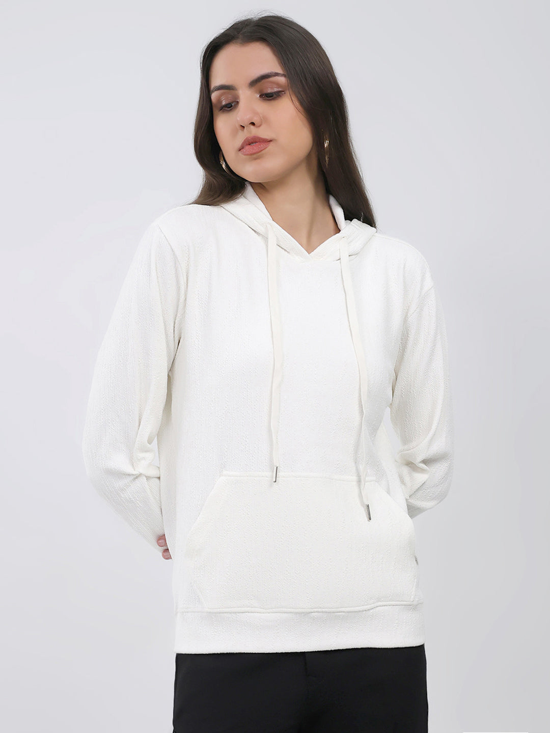 Women White Printed Hooded Full Sleeve Winter Top