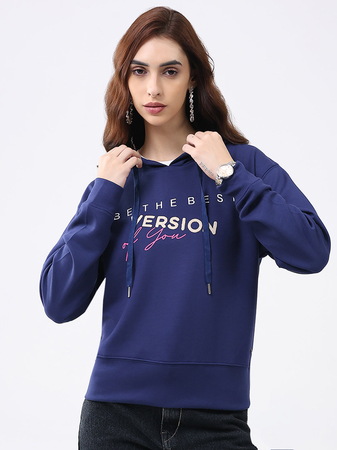 Women Navy Blue Printed Hooded Full Sleeve Winter Top