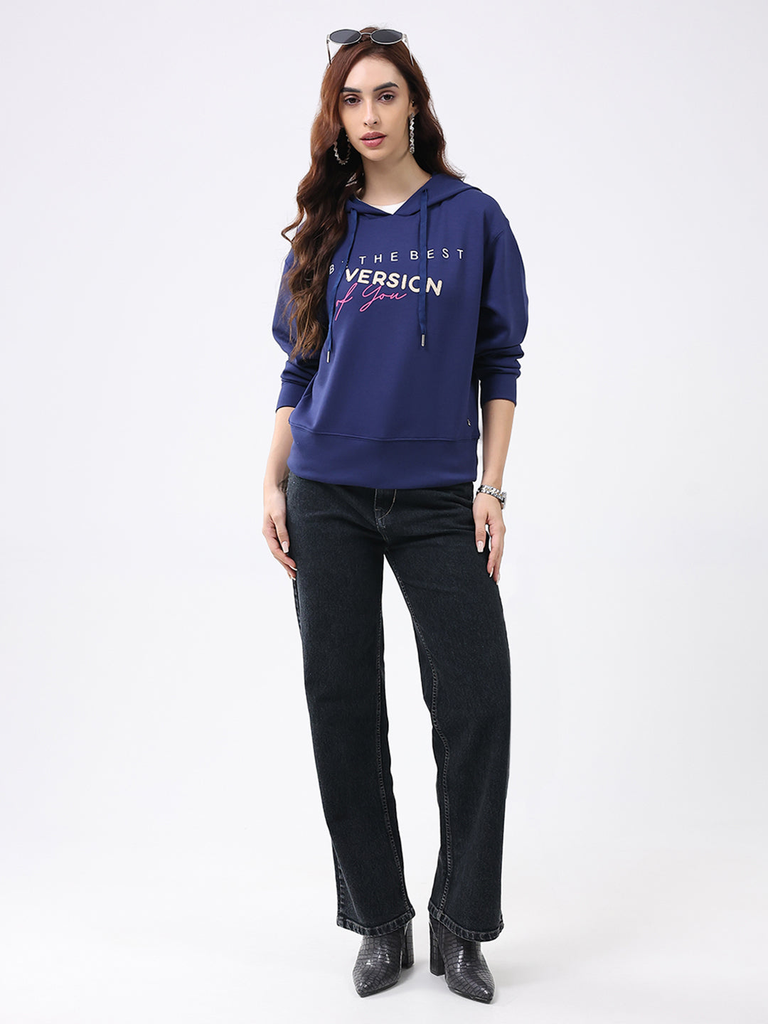 Women Navy Blue Printed Hooded Full Sleeve Winter Top