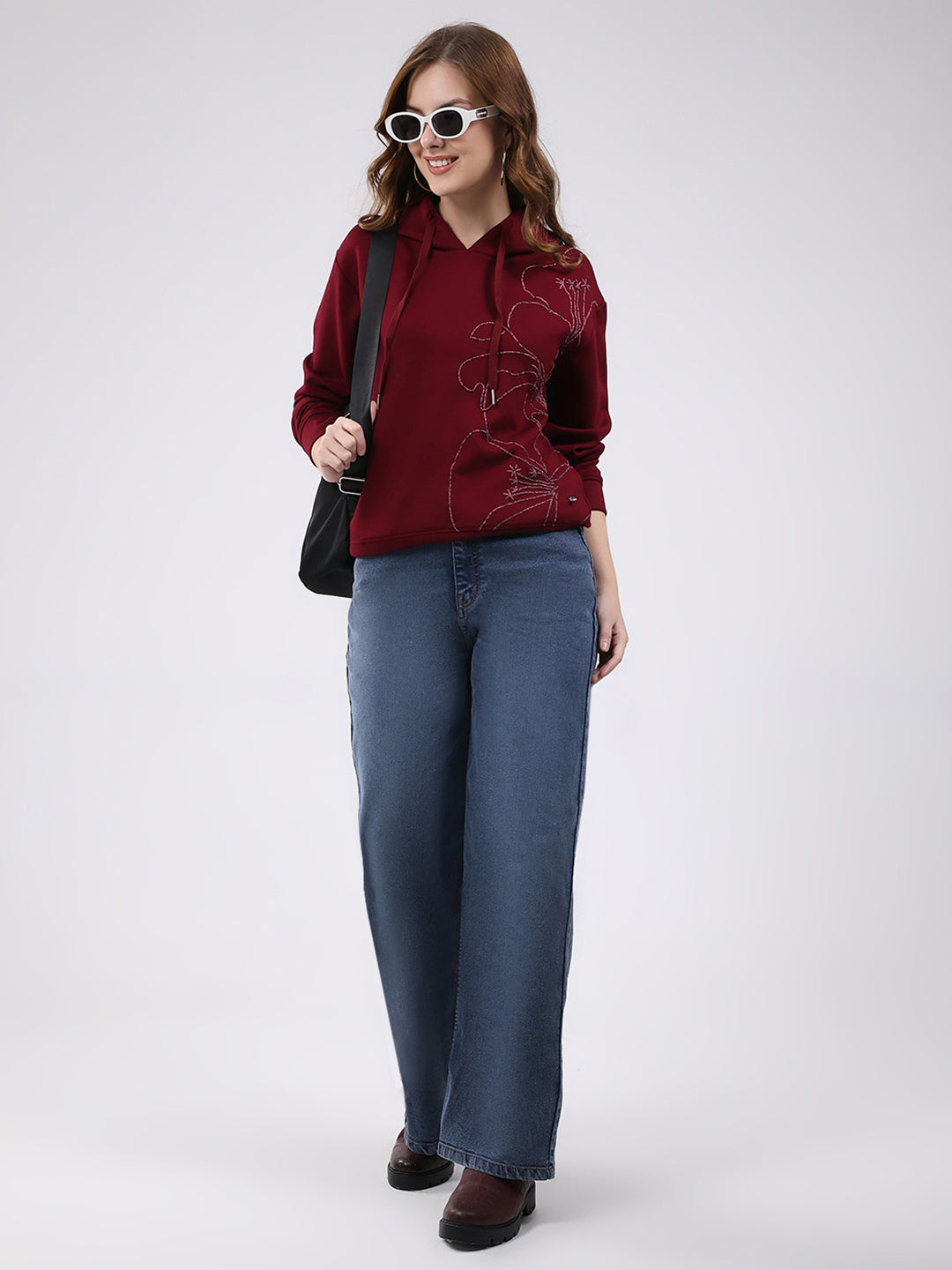 Women Maroon Printed Hooded Full Sleeve Winter Top