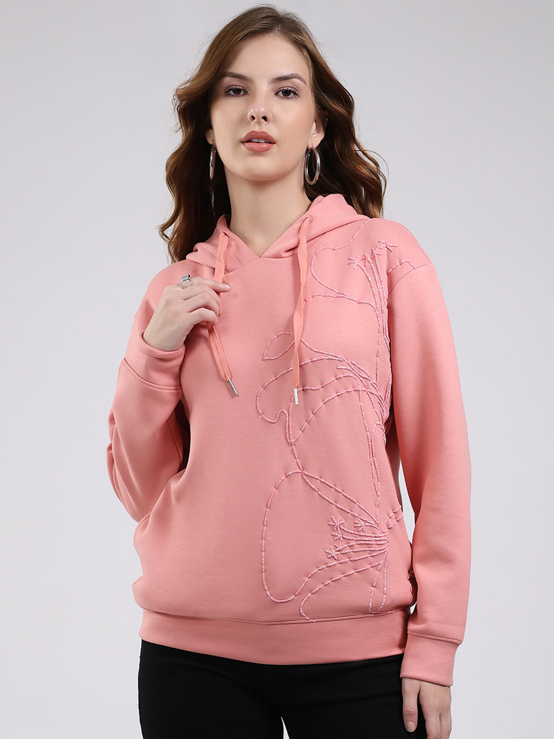 Women Peach Printed Hooded Full Sleeve Winter Top