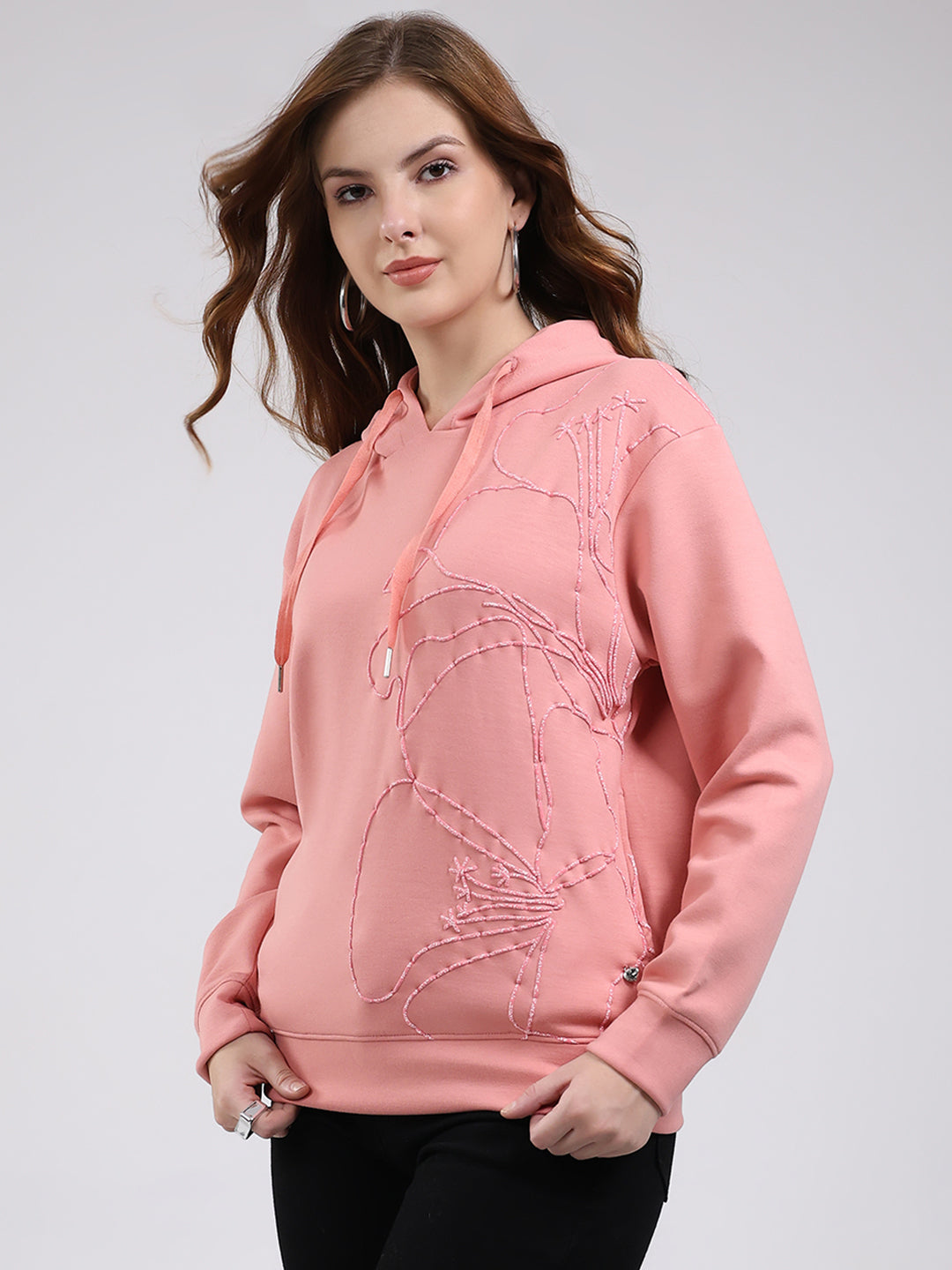 Women Peach Printed Hooded Full Sleeve Winter Top