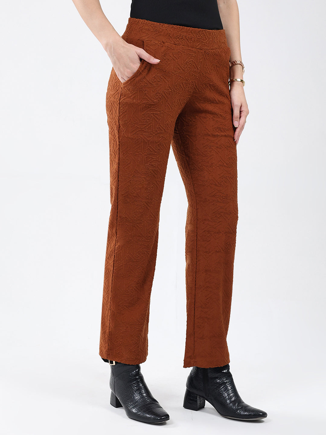 Women Rust Self Design Regular Fit Winter Lower