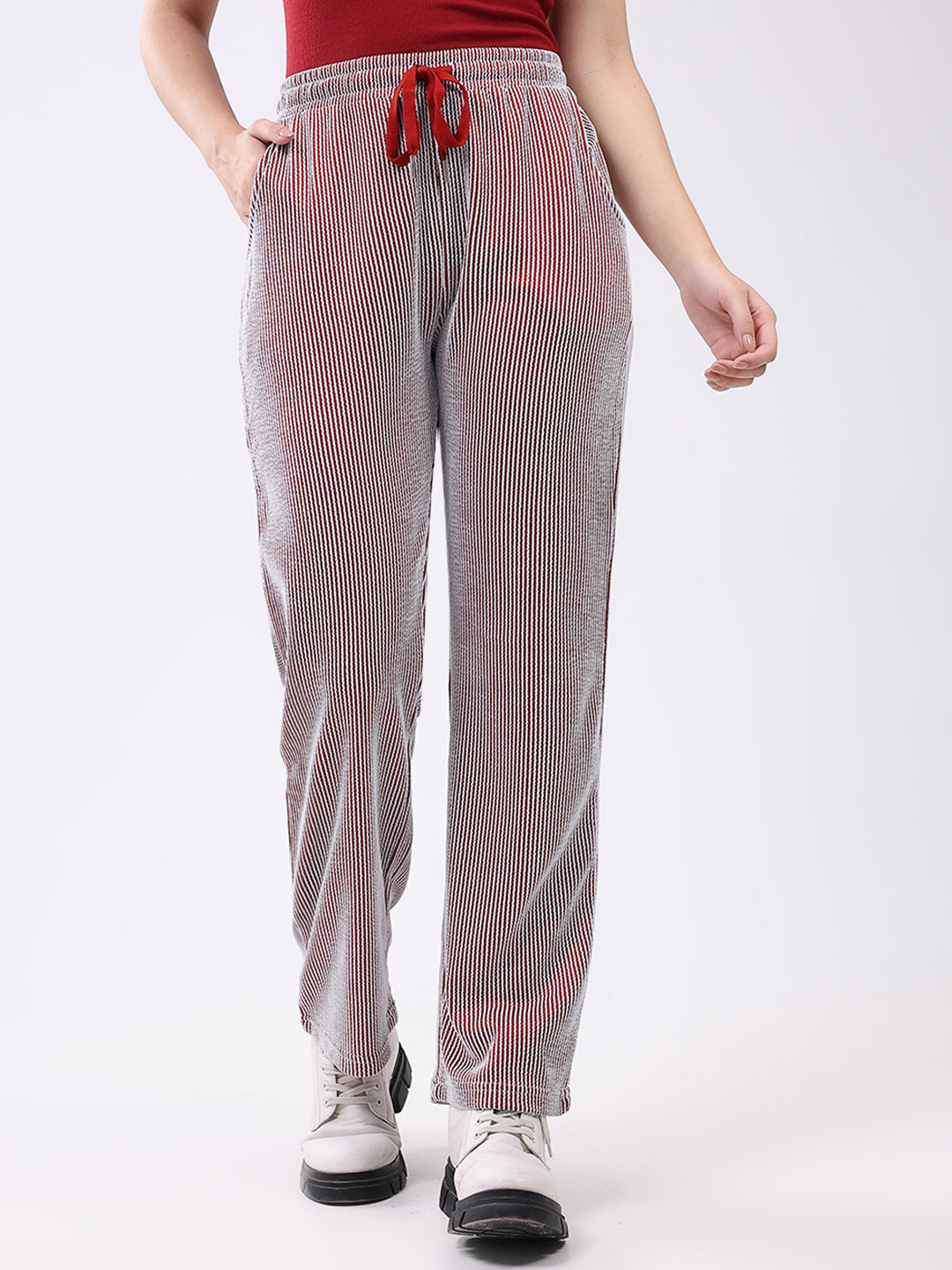 Women Red Self Design Regular Fit Winte Lower
