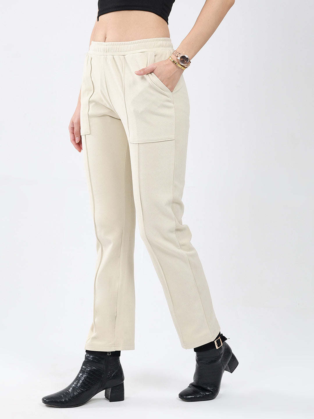 Women Cream Solid Regular Fit Winter Lower