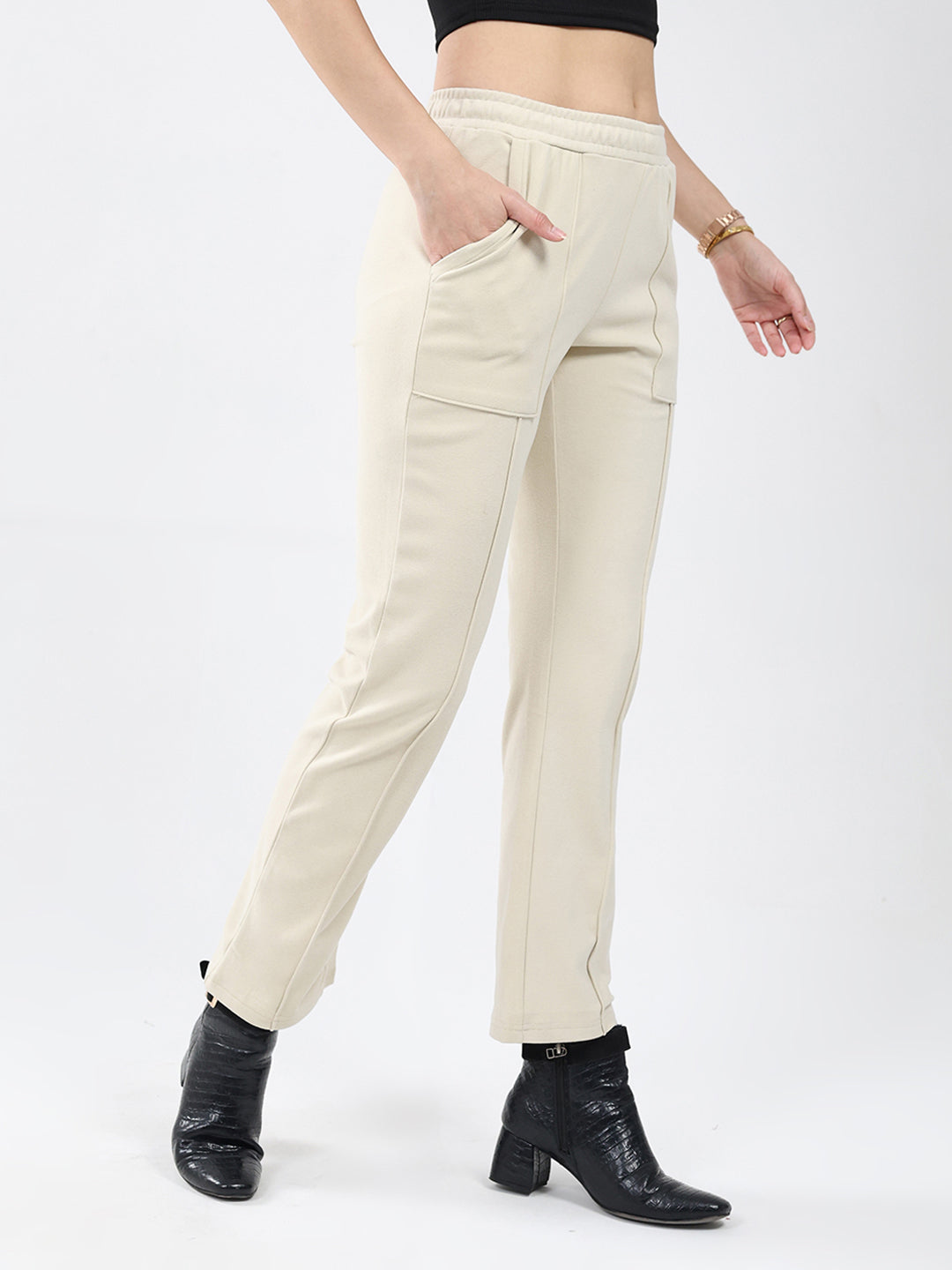 Women Cream Solid Regular Fit Winter Lower