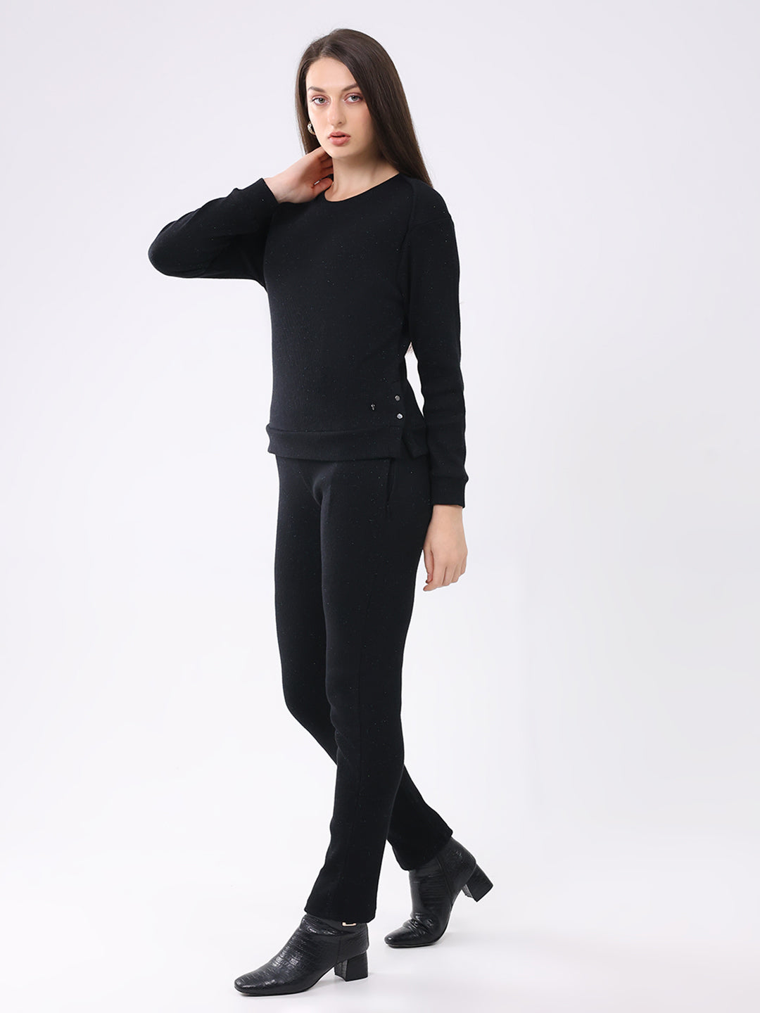 Women Black Self Design Round Neck Full Sleeve Cords Set