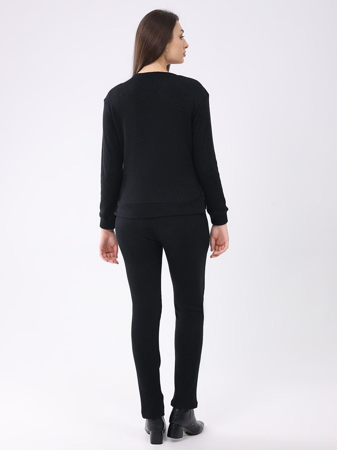 Women Black Self Design Round Neck Full Sleeve Cords Set