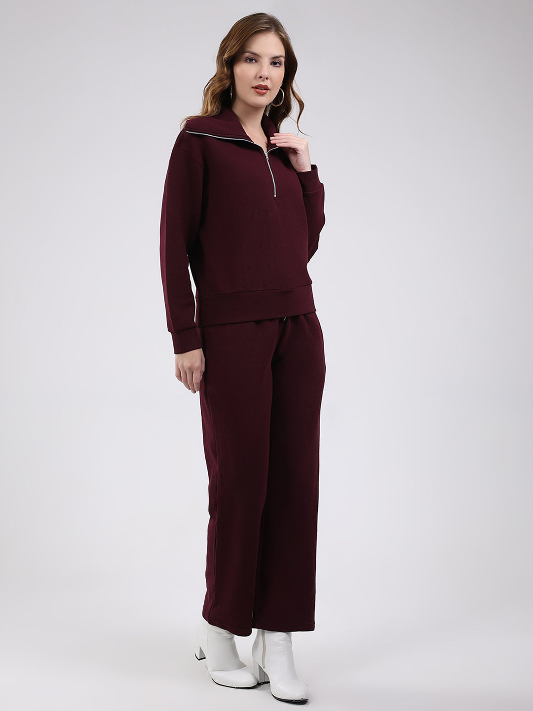 Women Burgundy Solid Collar Full Sleeve Cords Set