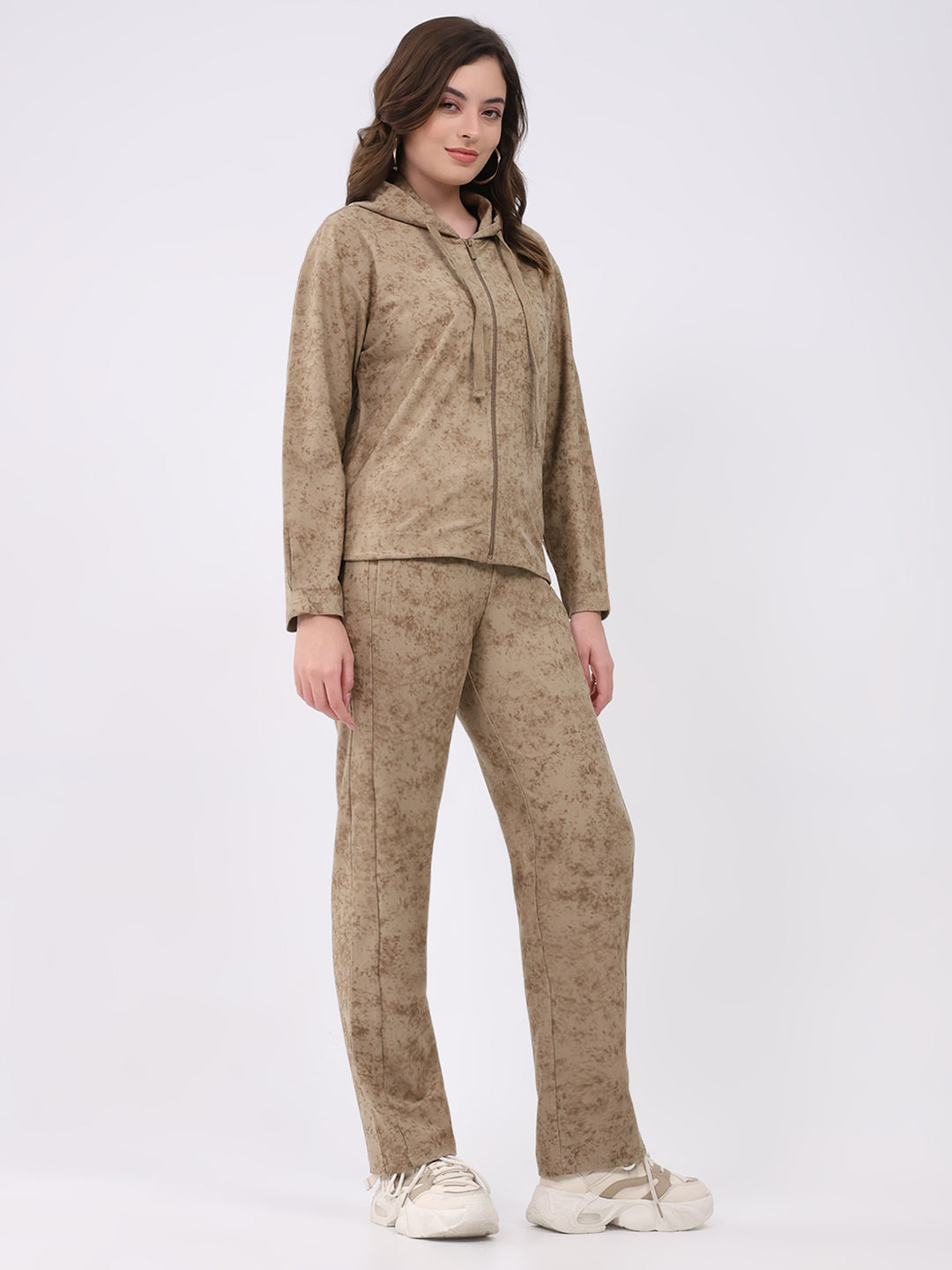Women Beige Printed Hooded Full Sleeve Cords Set