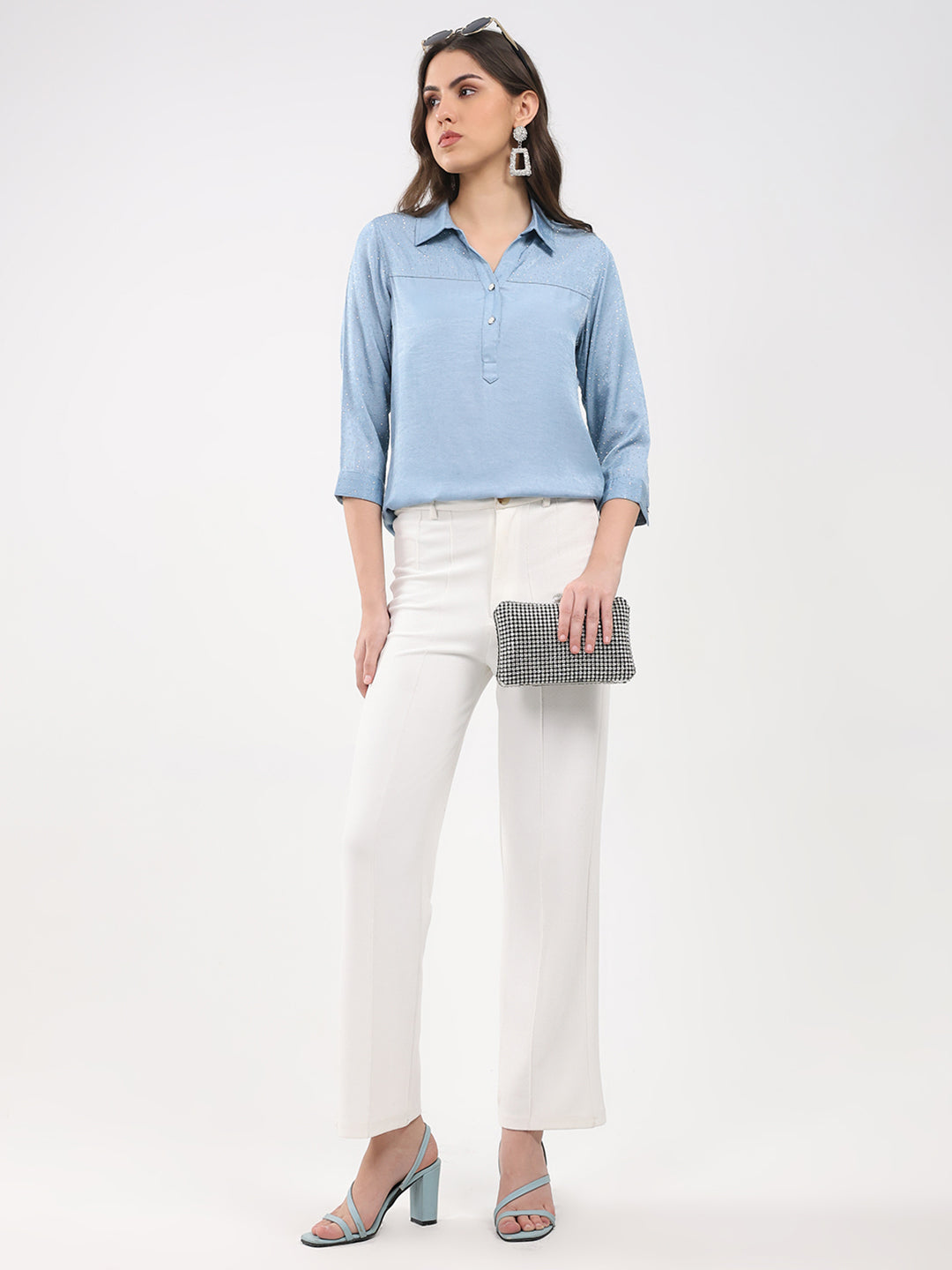 Women Blue Printed Collar 3/4th Sleeve Winter Top