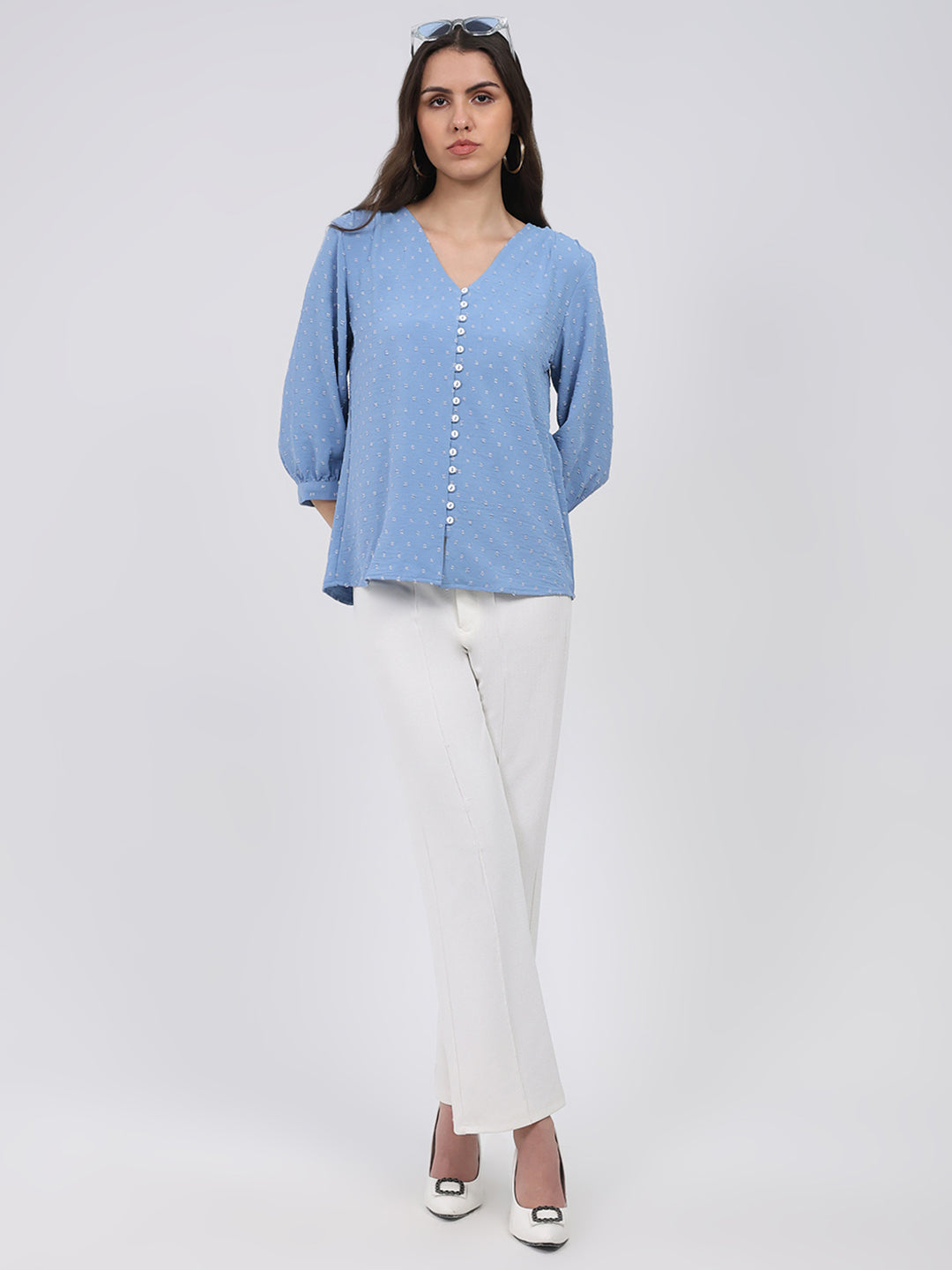 Women Blue Printed Front Open 3/4th Sleeve Winter Top