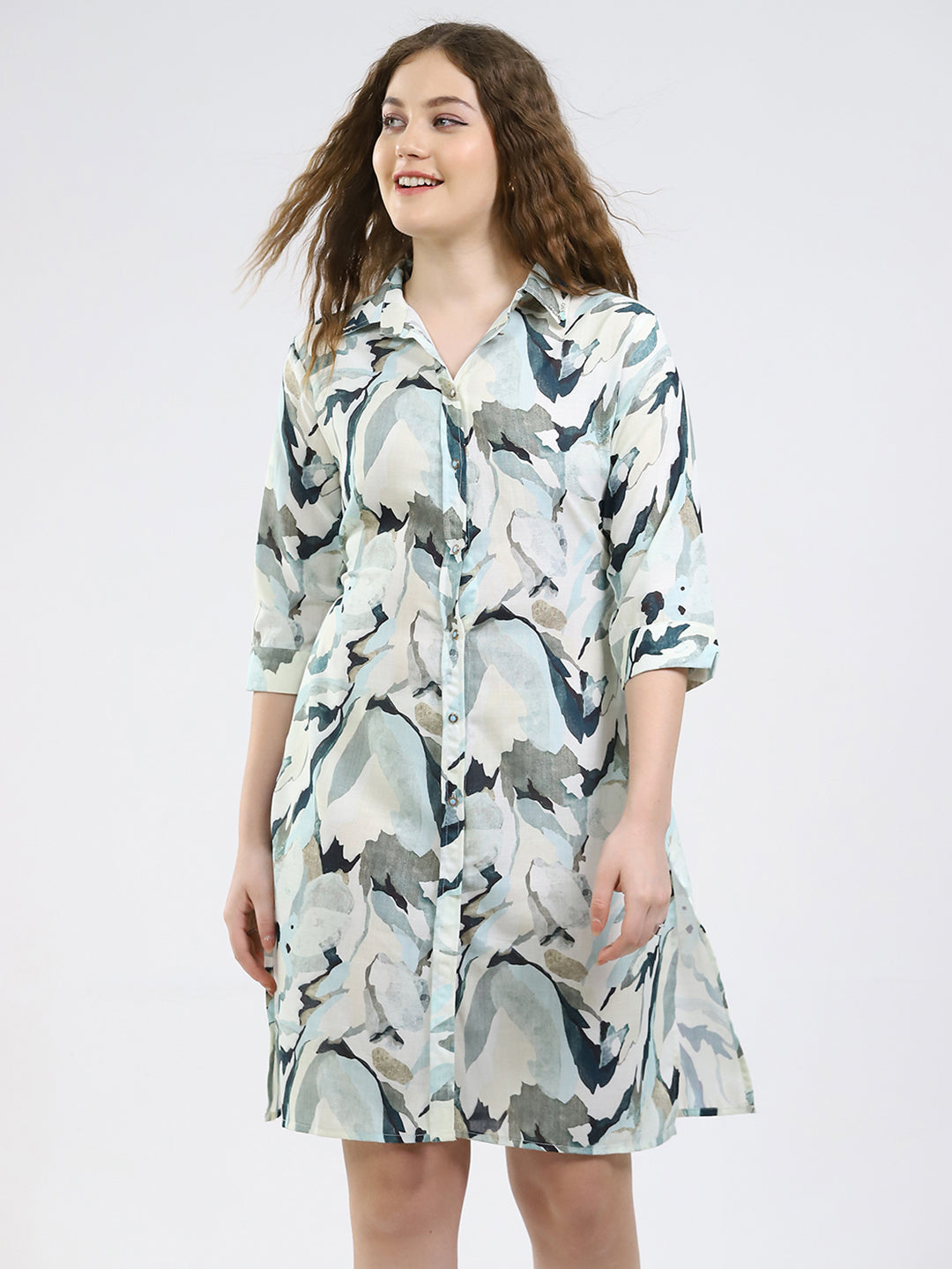 Women Green Printed Collar 3/4th Sleeve Dress