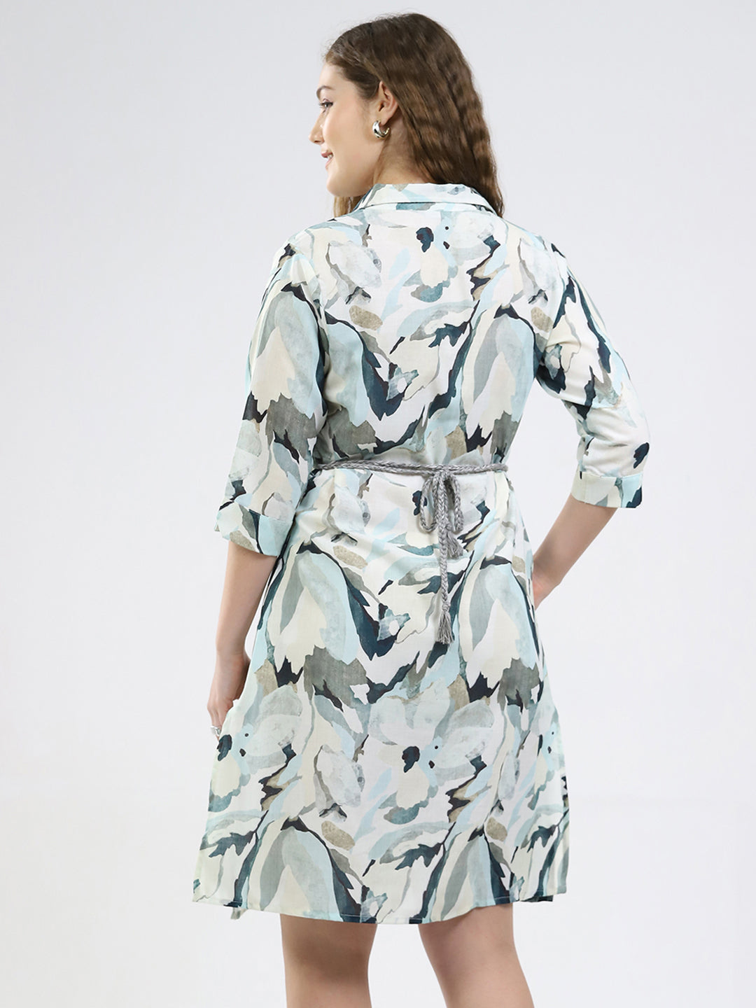 Women Green Printed Collar 3/4th Sleeve Dress