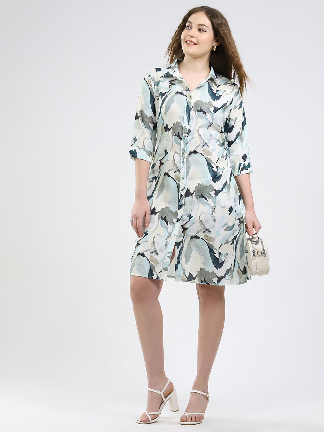 Women Green Printed Collar 3/4th Sleeve Dress