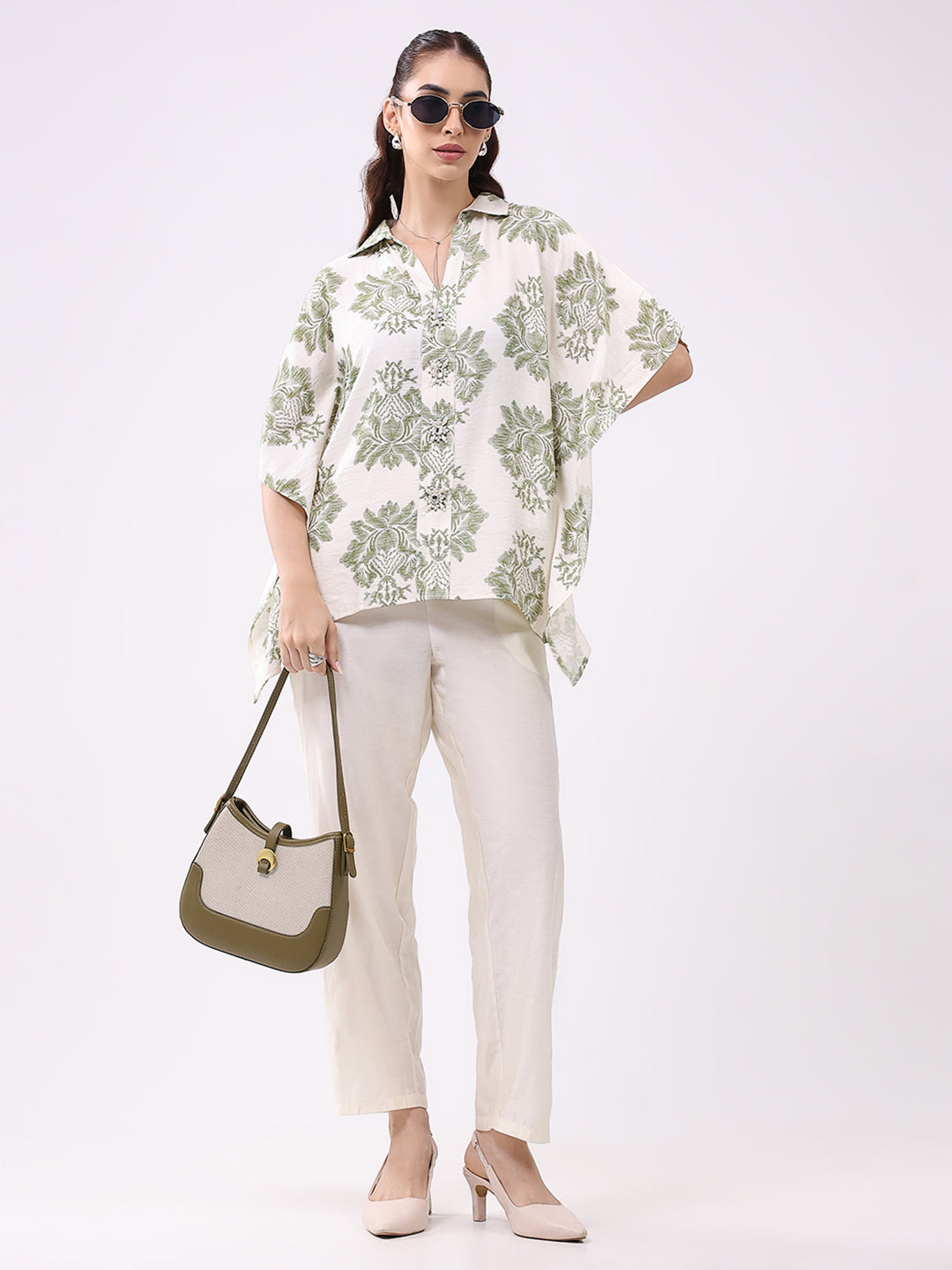 Women Cream Printed Collar 3/4th Sleeve Cords Set