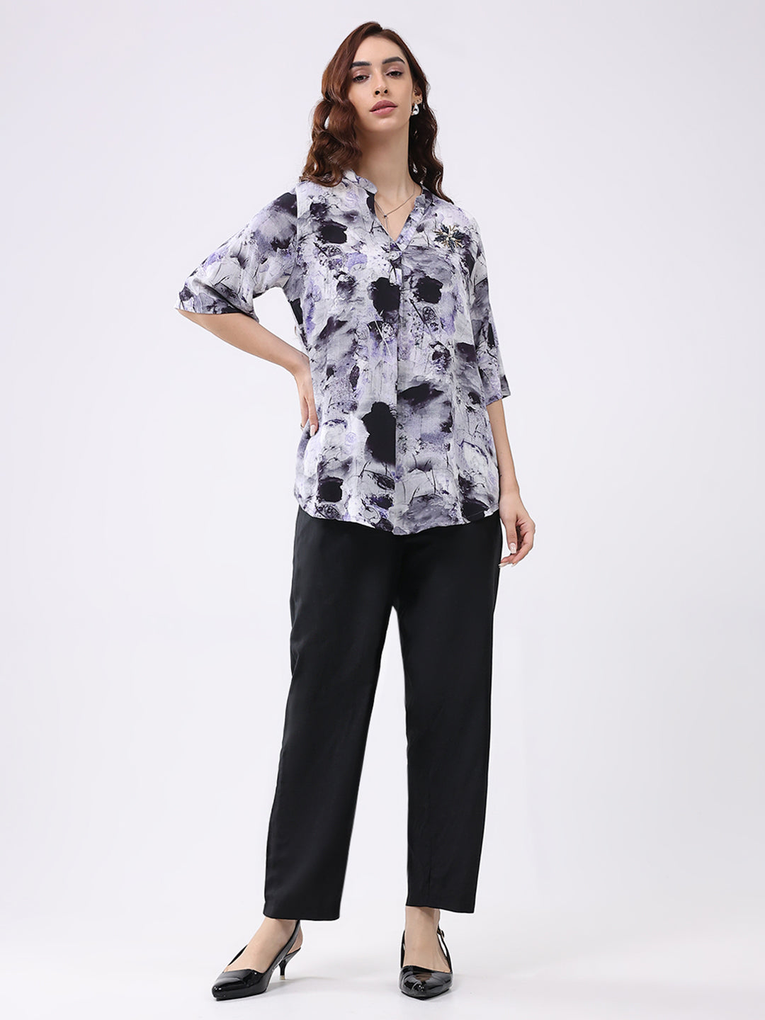 Women Purple Printed Band Neck 3/4th Sleeve Cords Set