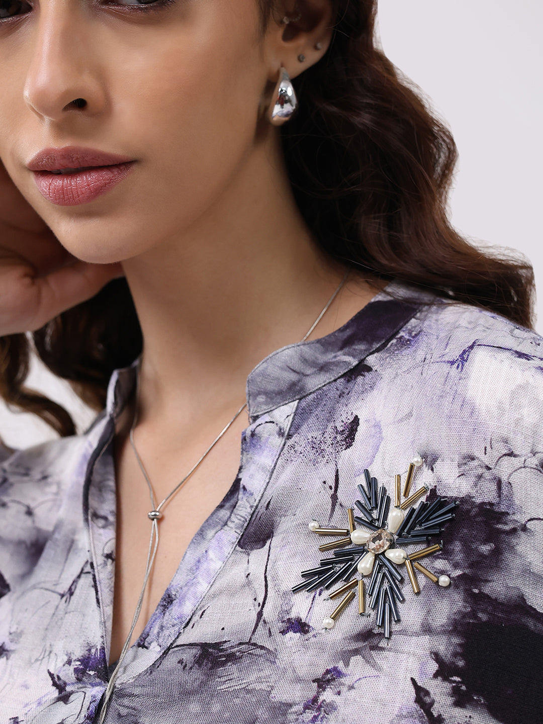 Women Purple Printed Band Neck 3/4th Sleeve Cords Set