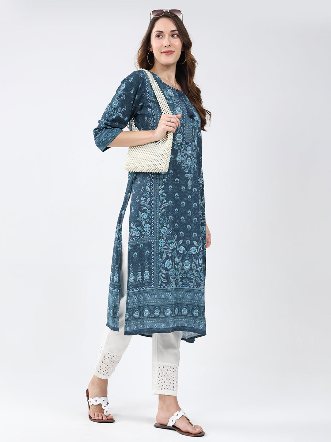 Women Teal Blue Printed Round Neck 3/4th Sleeve Winter Kurti