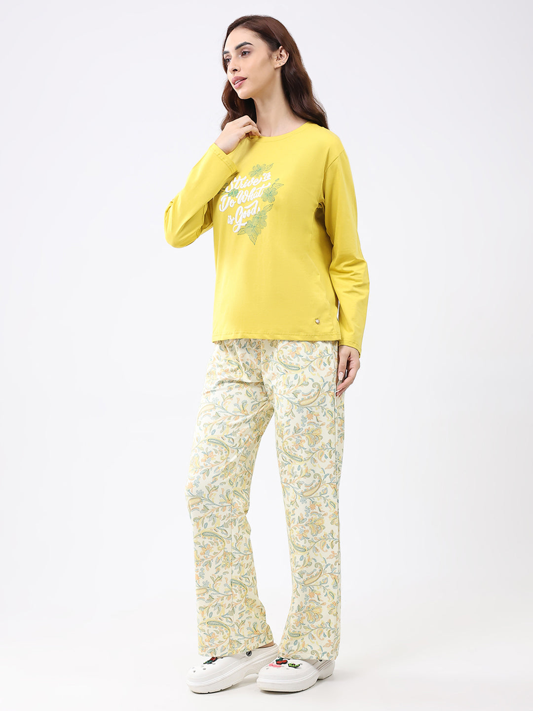 Women Yellow Printed Round Neck Full Sleeve Lower Set