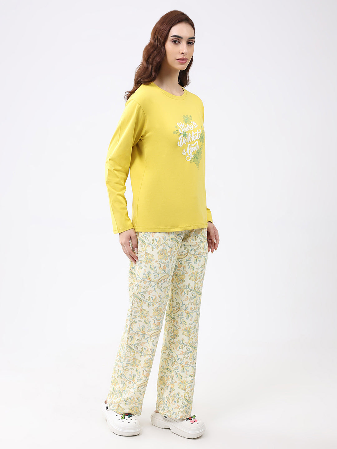 Women Yellow Printed Round Neck Full Sleeve Lower Set