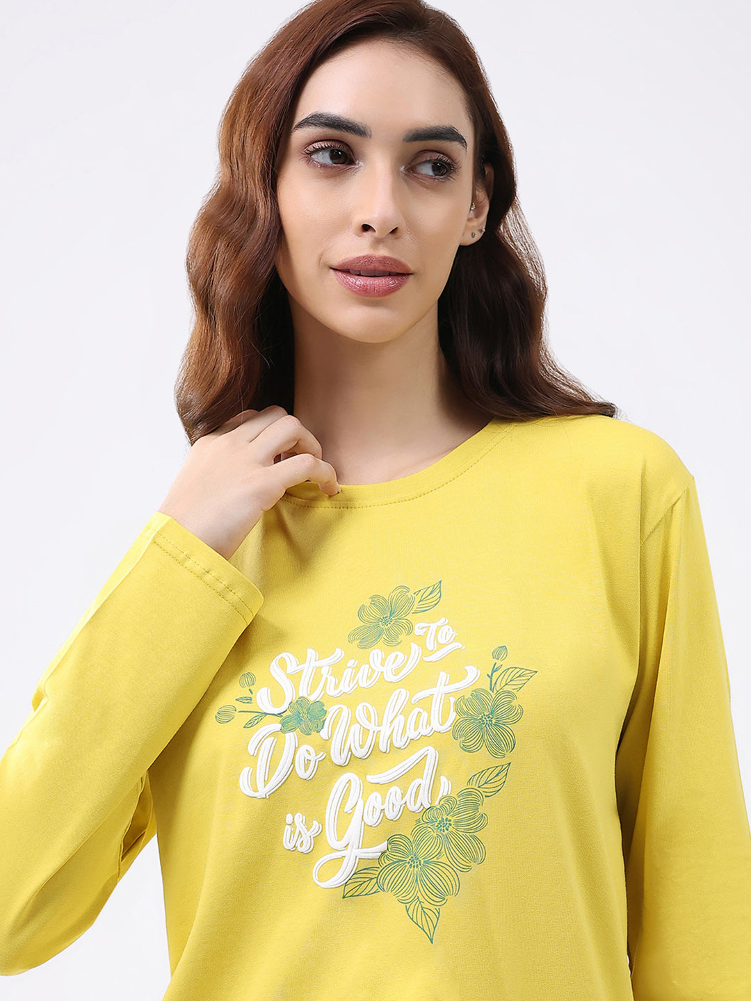 Women Yellow Printed Round Neck Full Sleeve Lower Set
