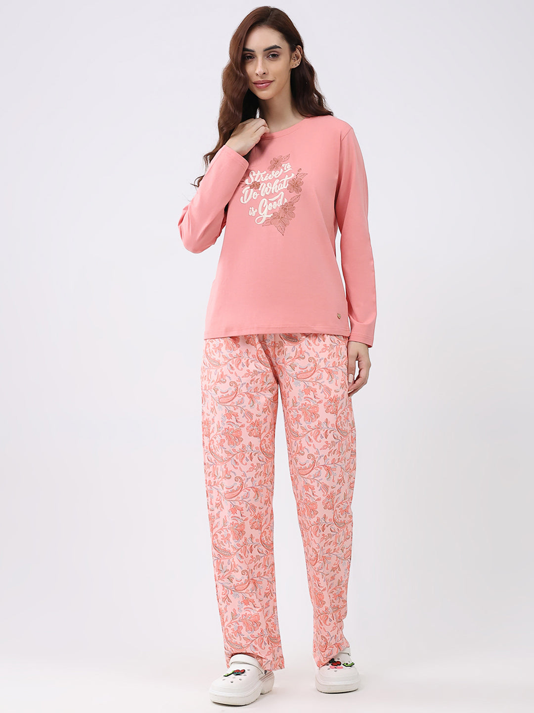 Women Peach Printed Round Neck Full Sleeve Lower Set