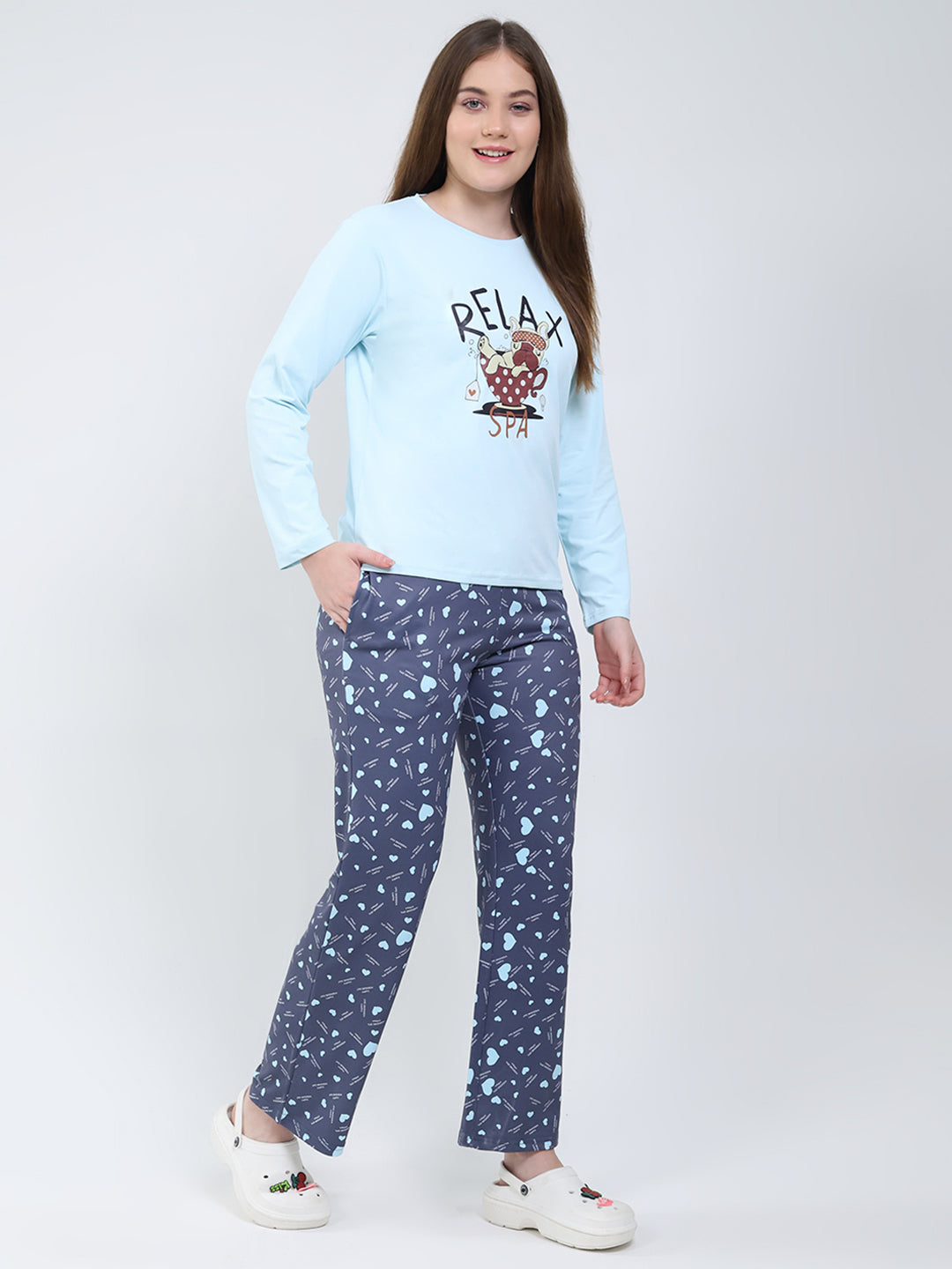 Women Sky Blue Printed Round Neck Full Sleeve Lower Set