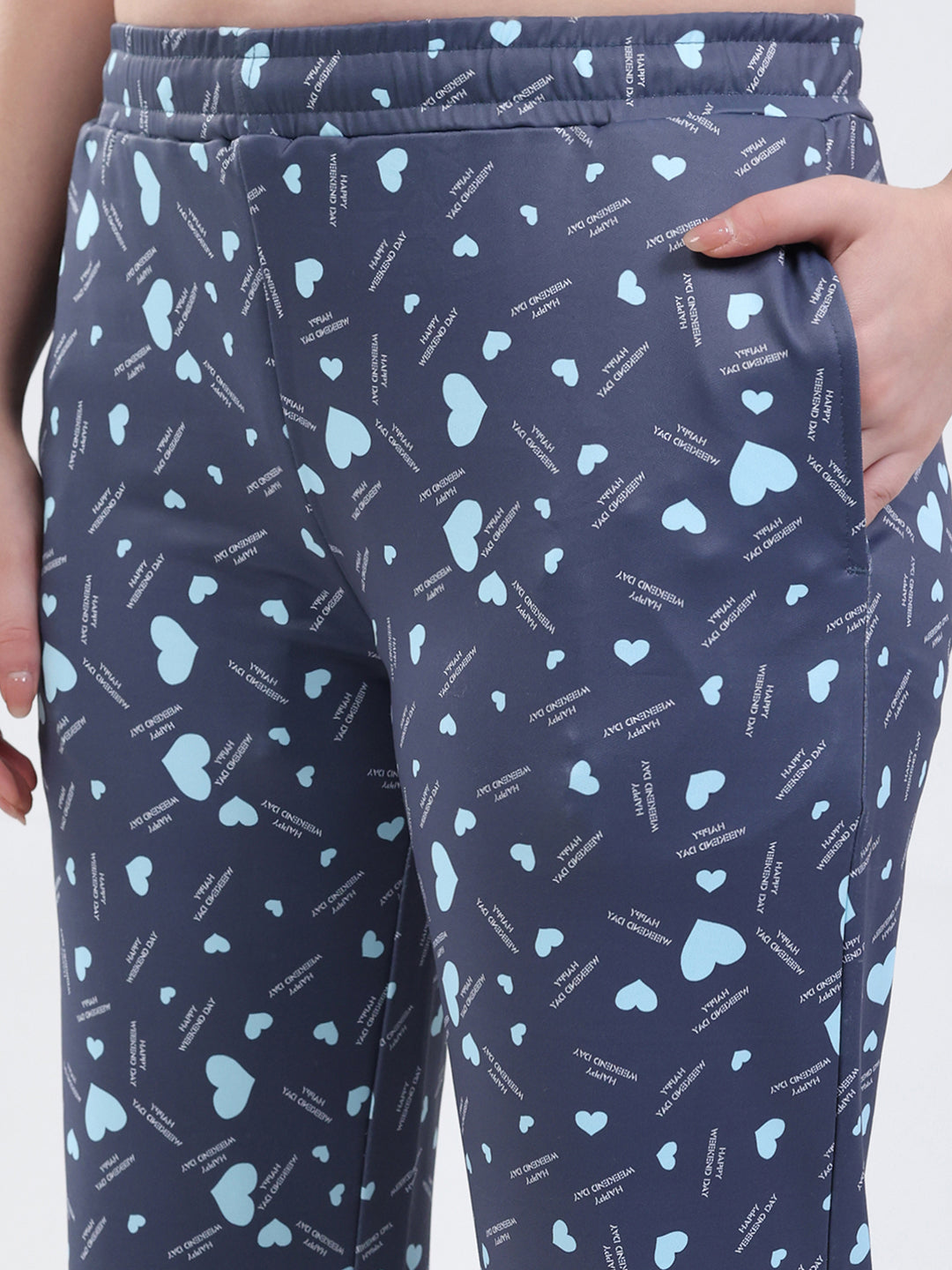 Women Sky Blue Printed Round Neck Full Sleeve Lower Set