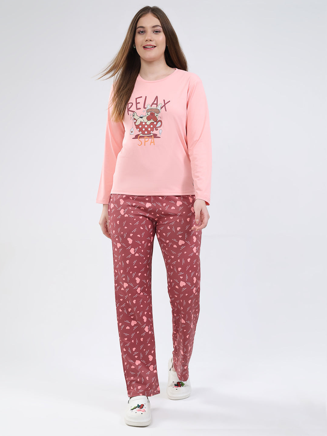 Women Peach Printed Round Neck Full Sleeve Lower Set