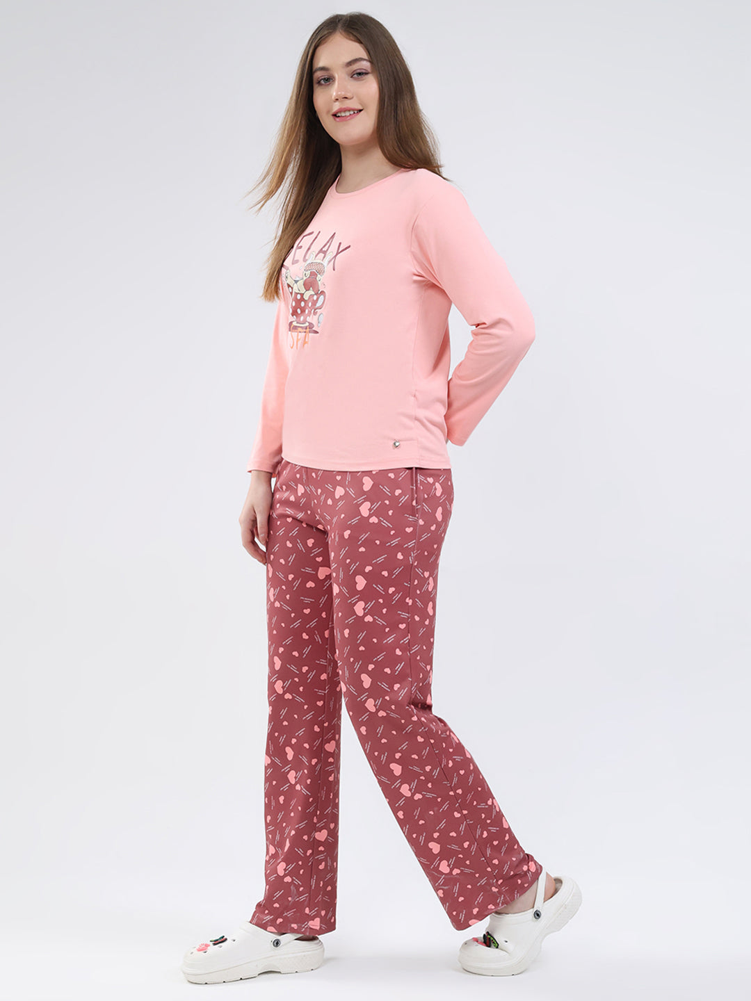 Women Peach Printed Round Neck Full Sleeve Lower Set