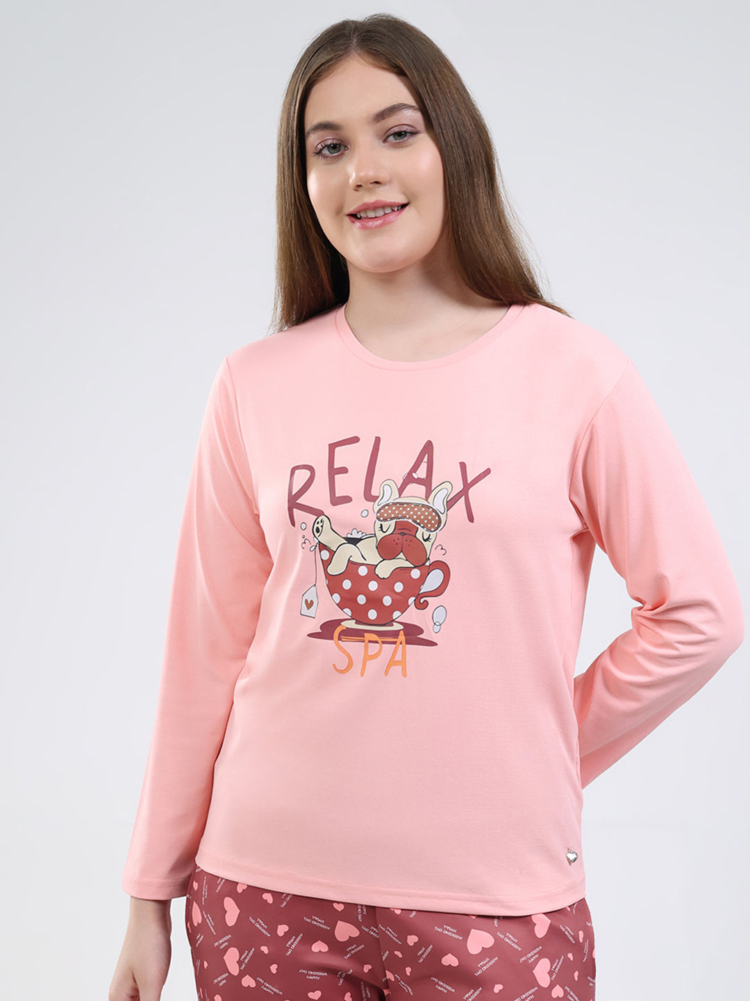 Women Peach Printed Round Neck Full Sleeve Lower Set