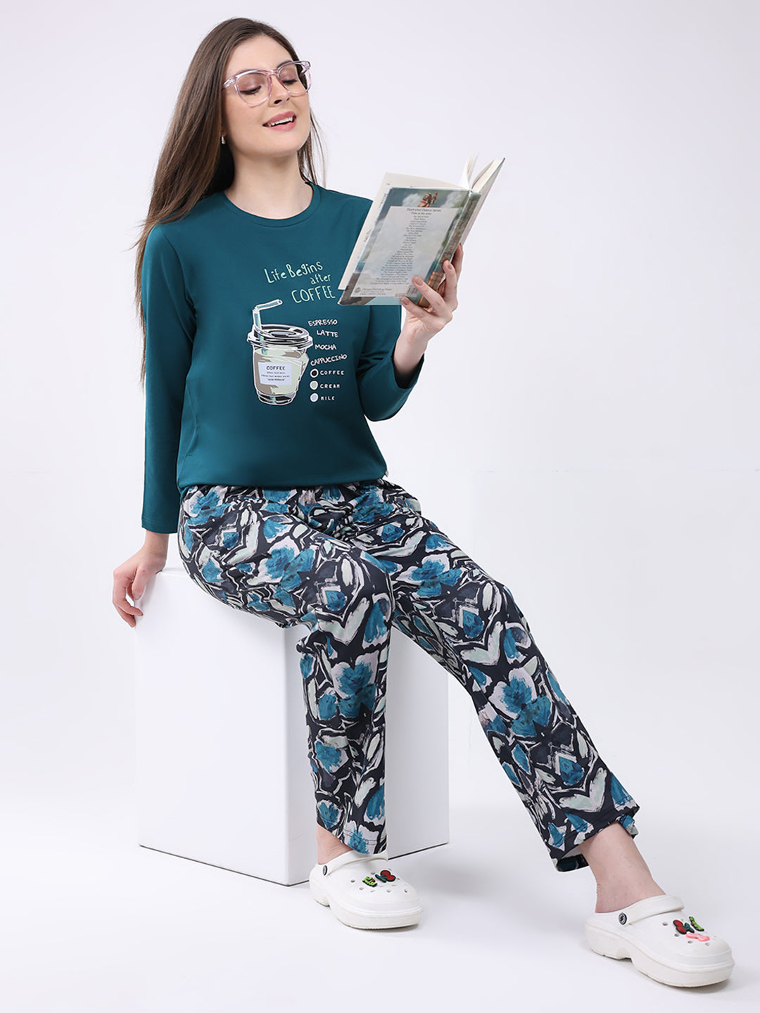Women Green Printed Round Neck Full Sleeve Lower Set