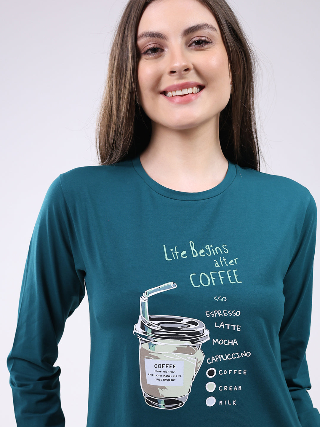 Women Green Printed Round Neck Full Sleeve Lower Set