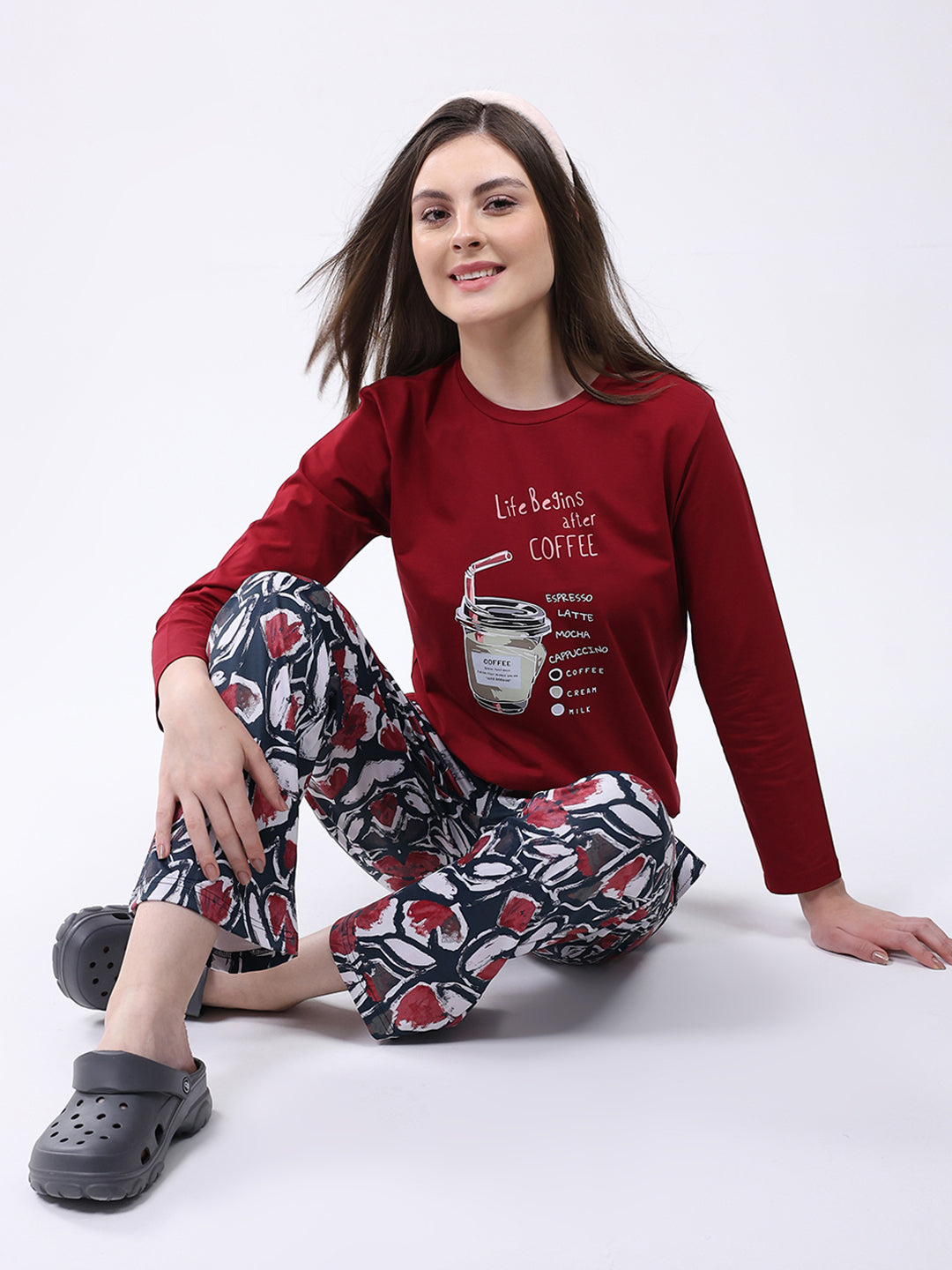 Women Maroon Printed Round Neck Full Sleeve Lower Set