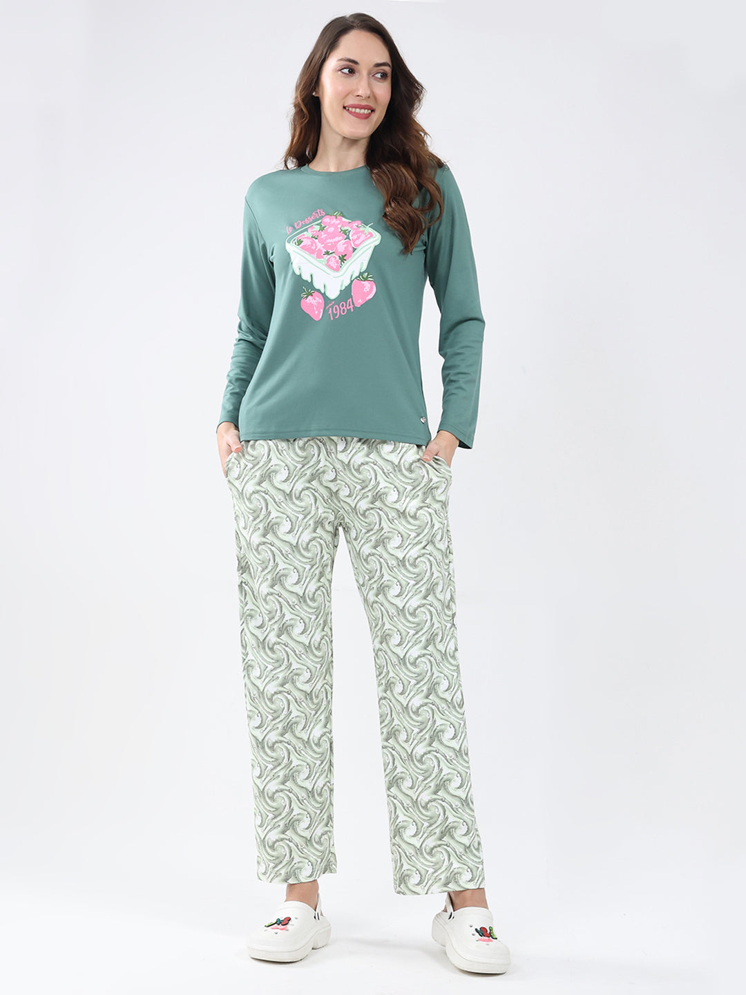 Women Green Printed Round Neck Full Sleeve Lower Set