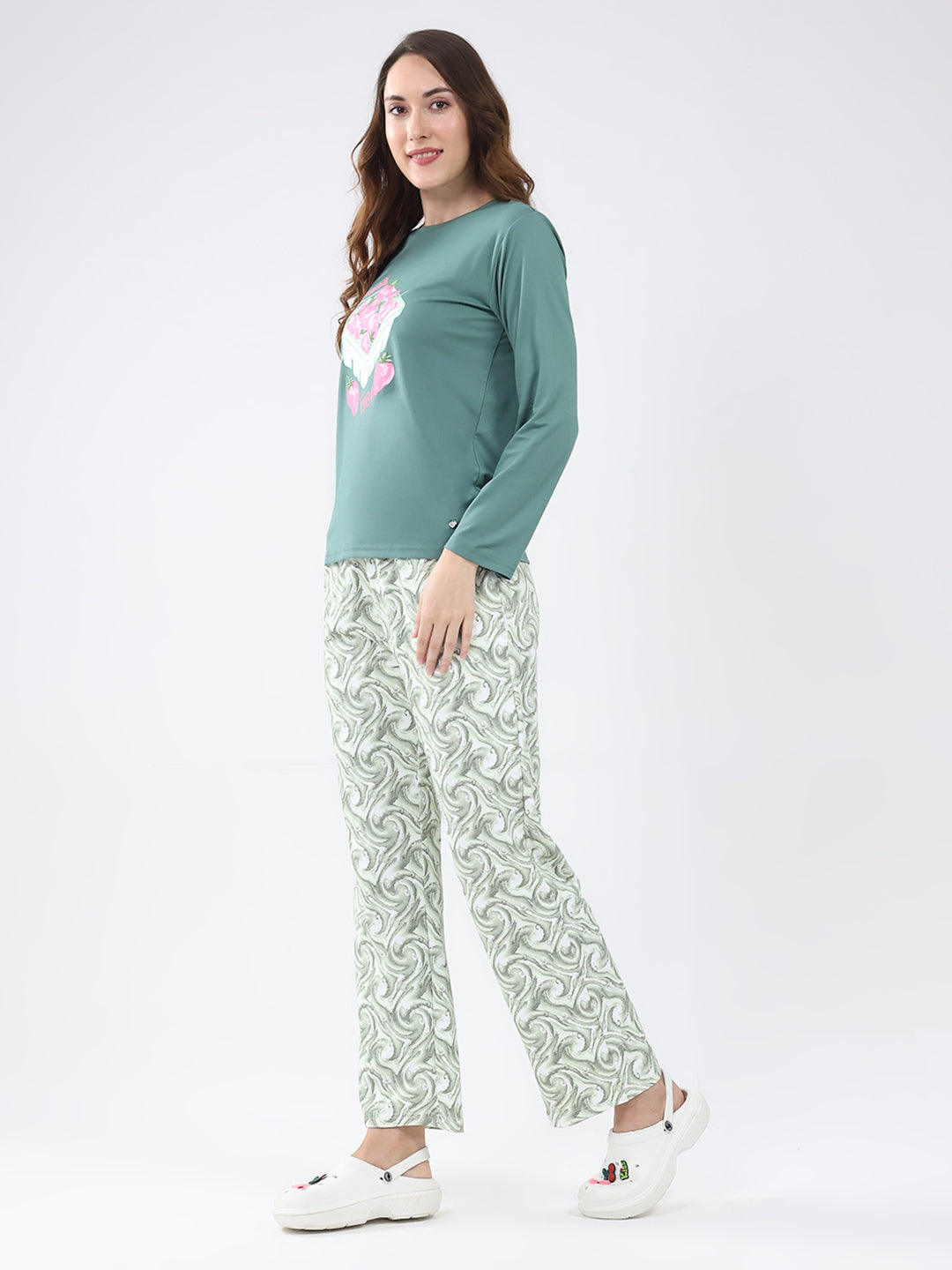 Women Green Printed Round Neck Full Sleeve Lower Set