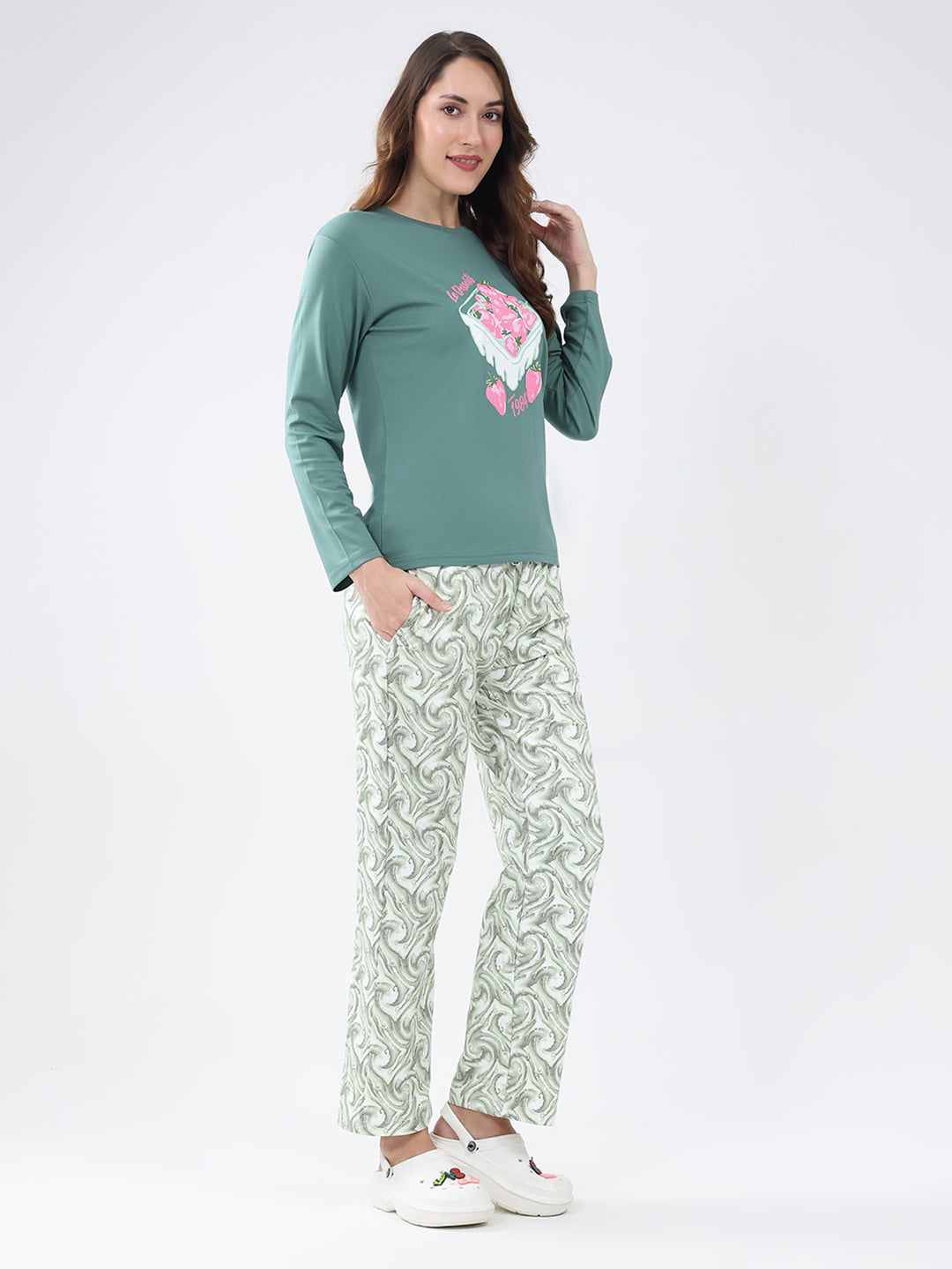 Women Green Printed Round Neck Full Sleeve Lower Set