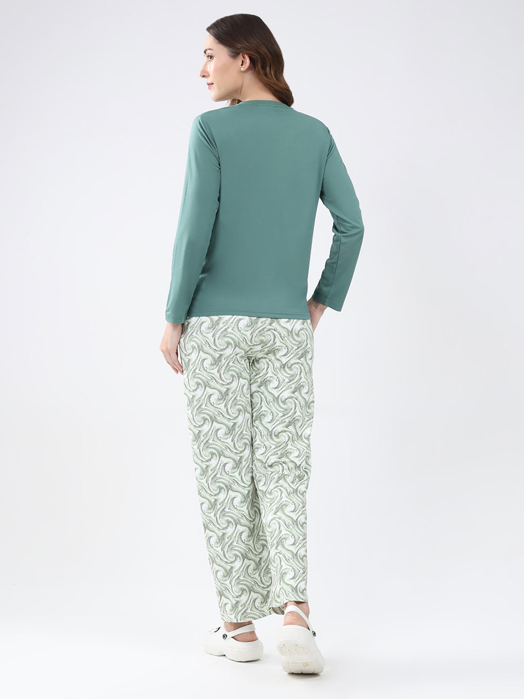 Women Green Printed Round Neck Full Sleeve Lower Set