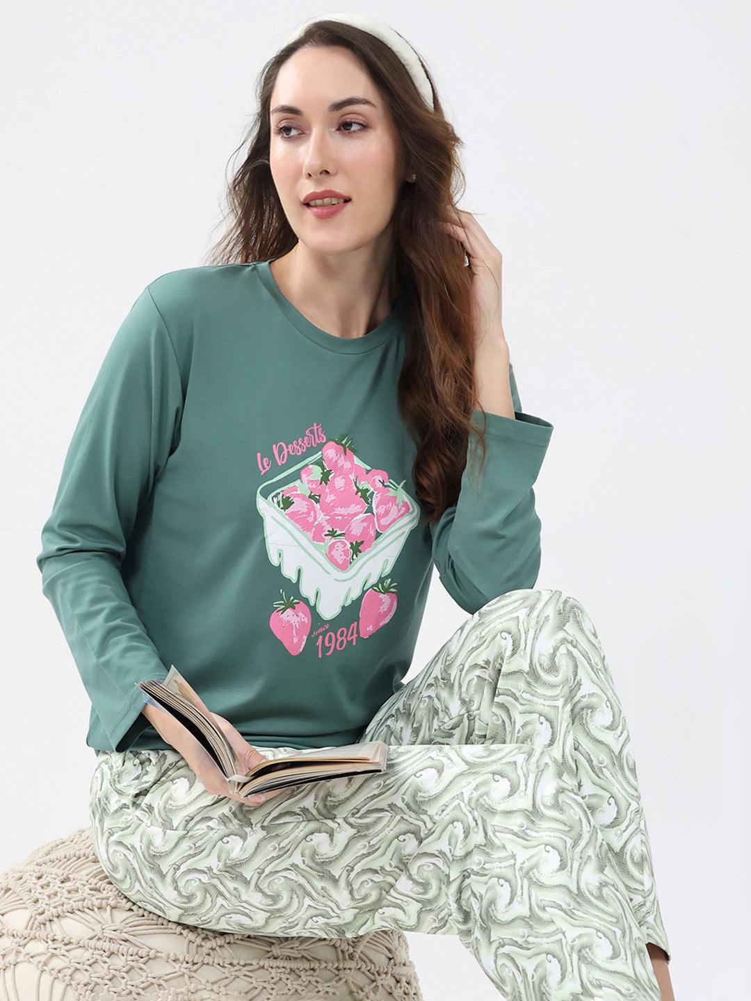 Women Green Printed Round Neck Full Sleeve Lower Set