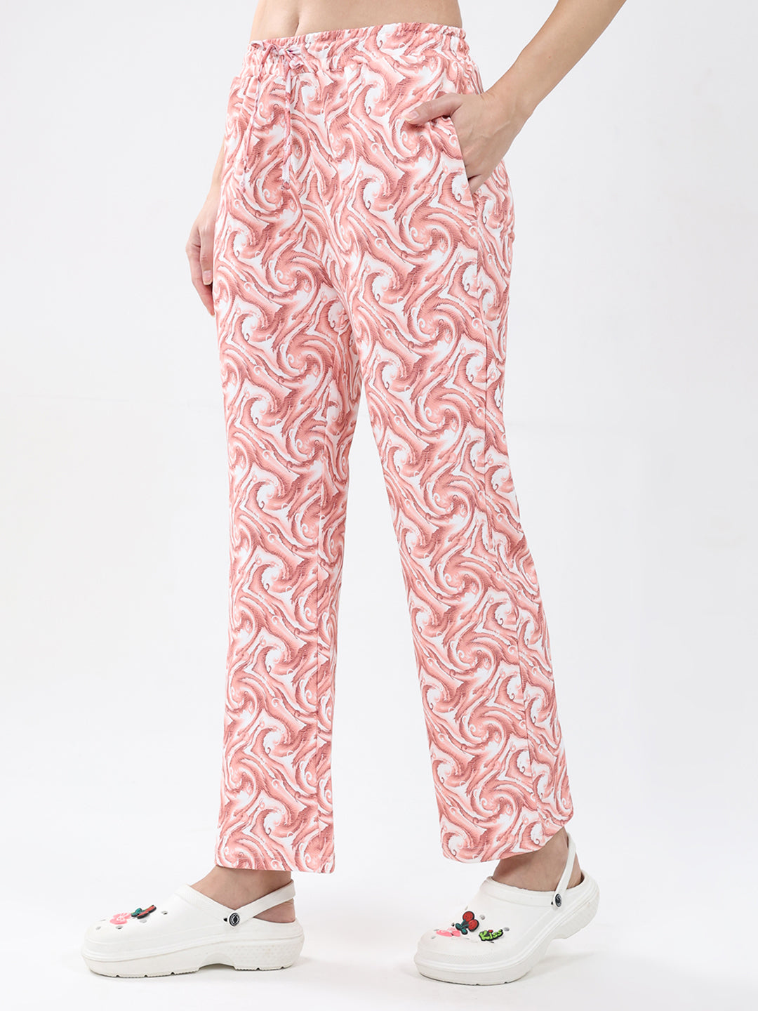 Women Pink Printed Round Neck Full Sleeve Lower Set